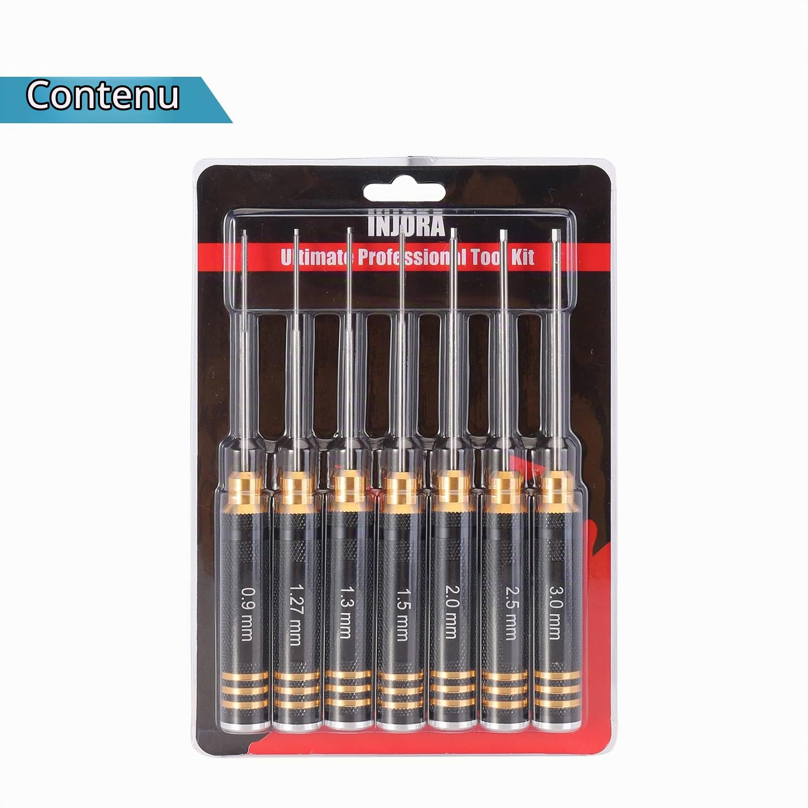 INJORA RC Hexagonal Tournevis D'outils de Réparation RC Clés Hexagonales Tournevis à Tête Hexagonale 0.9, 1.27, 1.3, 1.5, 2.0, 2.5, 3.0mm pour RC Modèles Réduits Voitures Drones Bateaux Hélicoptères