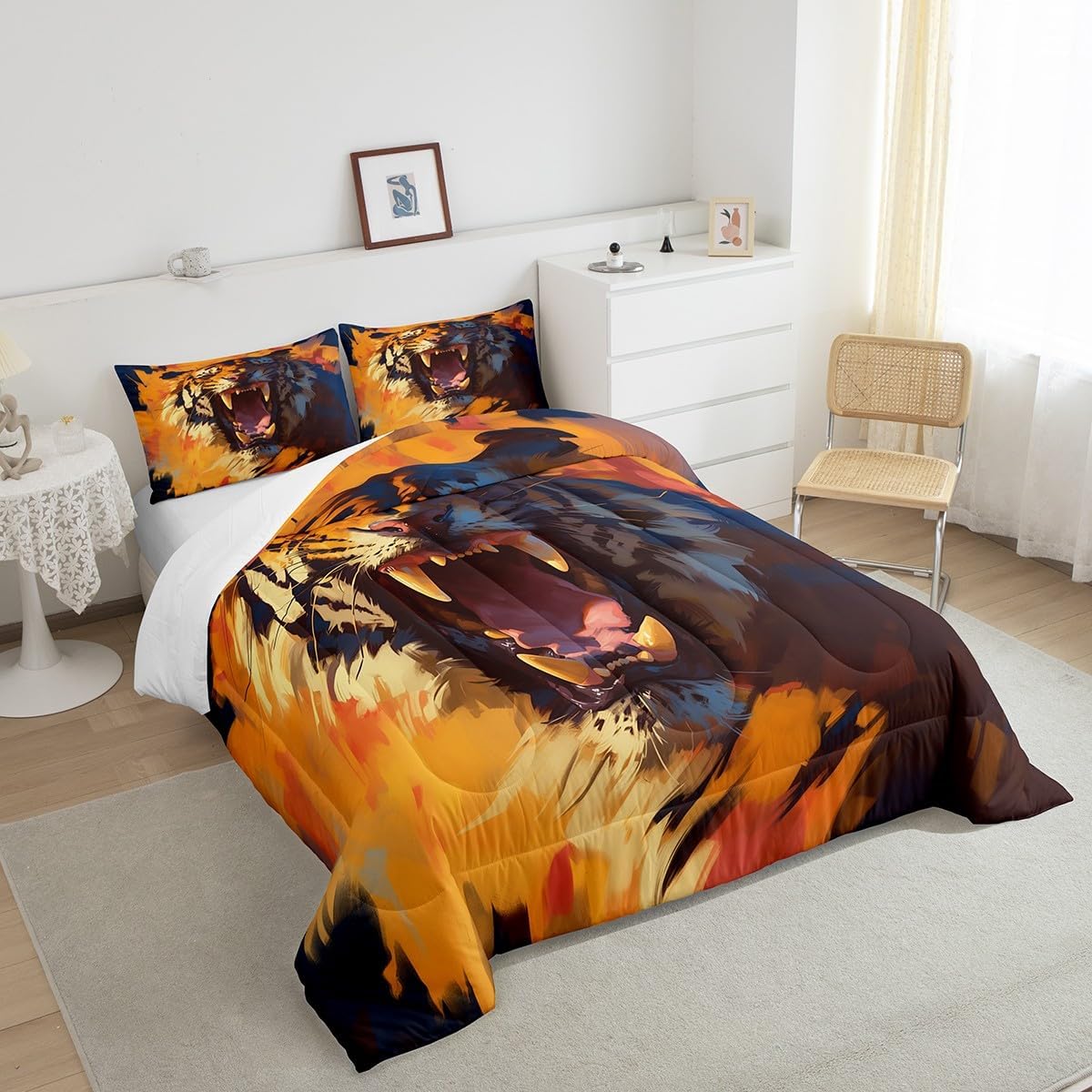 Erosebridal Safari Tiger Queen Comforter Set for Kids Boys Girls Cartoon Tiger Graffiti Bedding Sets,Wild Animal Wildlife Down Comforter Abstract Oil Painting Watercolor Bedding Comforters & Sets
