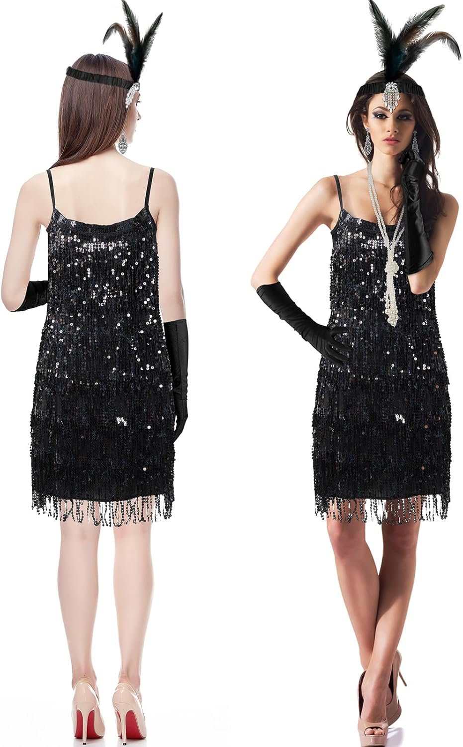 Shinymoon 5 Pcs 1920s Outfit for Woman Flapper Mardi Gras Costumes Accessories Set Dress Pearl Necklace Earrings Headband