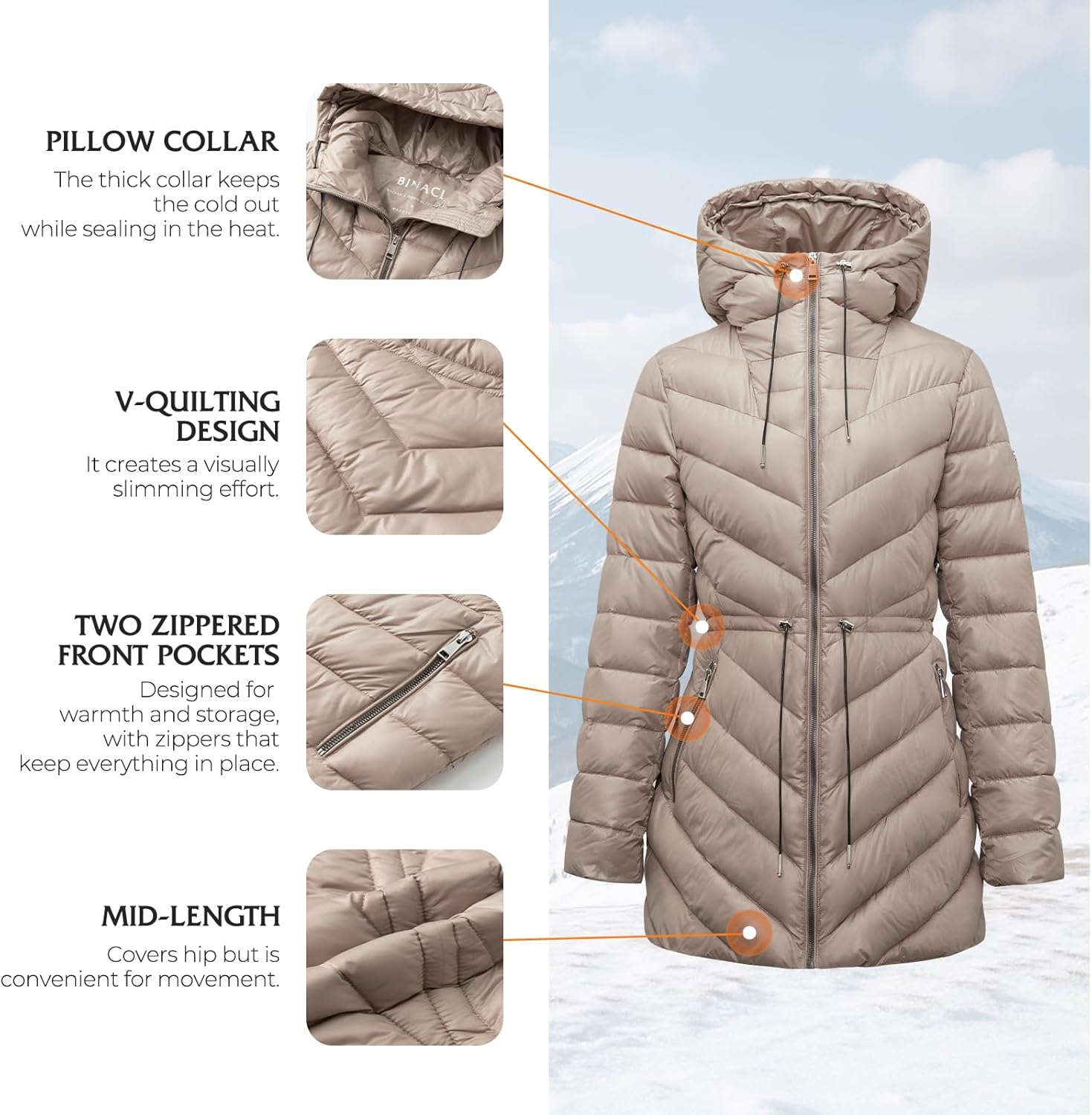 BINACL Women's Winter Warm Long Stylish Shiny Coat Outwear Pockets Quilted Thicken Hooded Parka Jacket with Adjustable Waist - Image 4