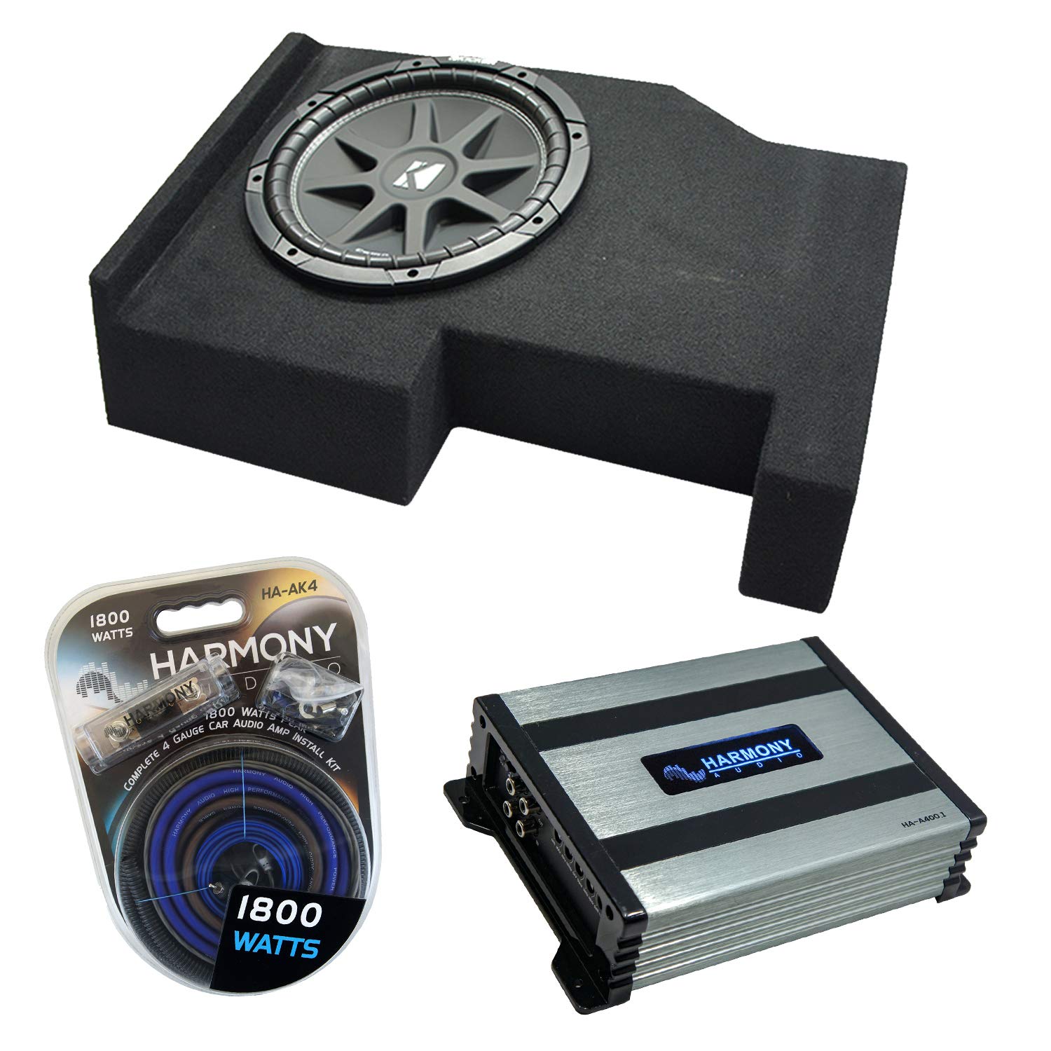 Harmony Audio Compatible with 2014 - UP GMC Sierra Crew Cab Kicker Bundle Comp C12 Single 12 Sub Box Harmony HA-A400.1 Amp