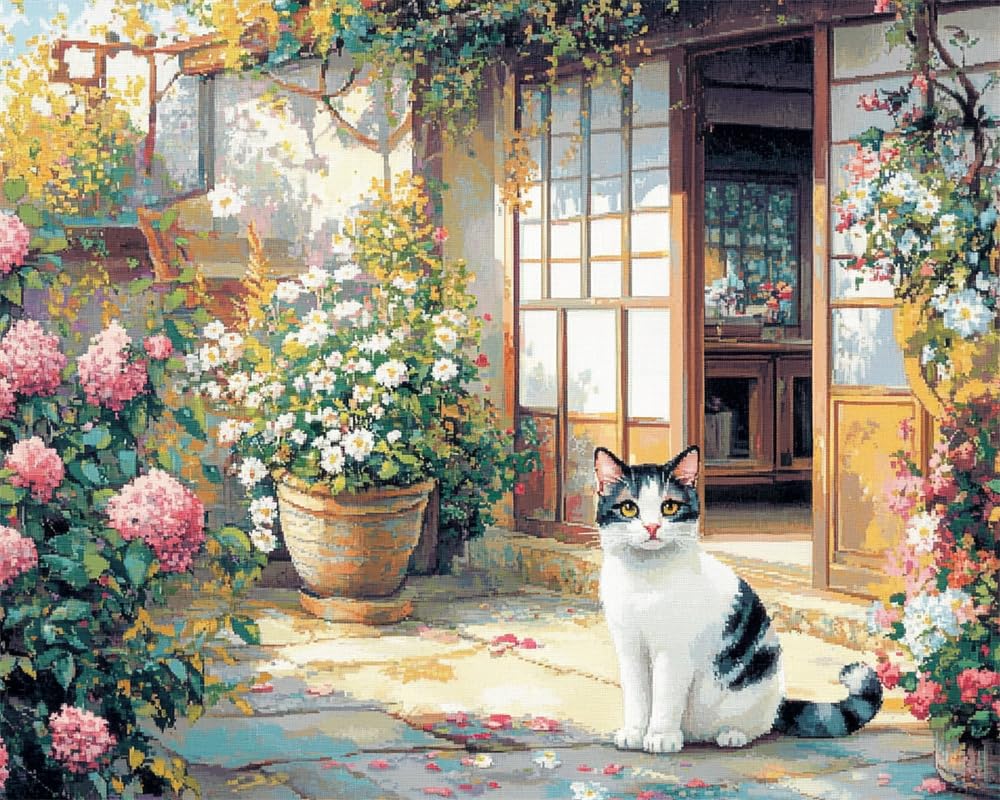 Henypt DIY Cross Stitch Counted Kits Stamped Kit Cross-Stitching Pattern for Home Decor Courtyard Cat 11Ct Fabric Embroidery Crafts Needlepoint Kit Adult Craft Kits