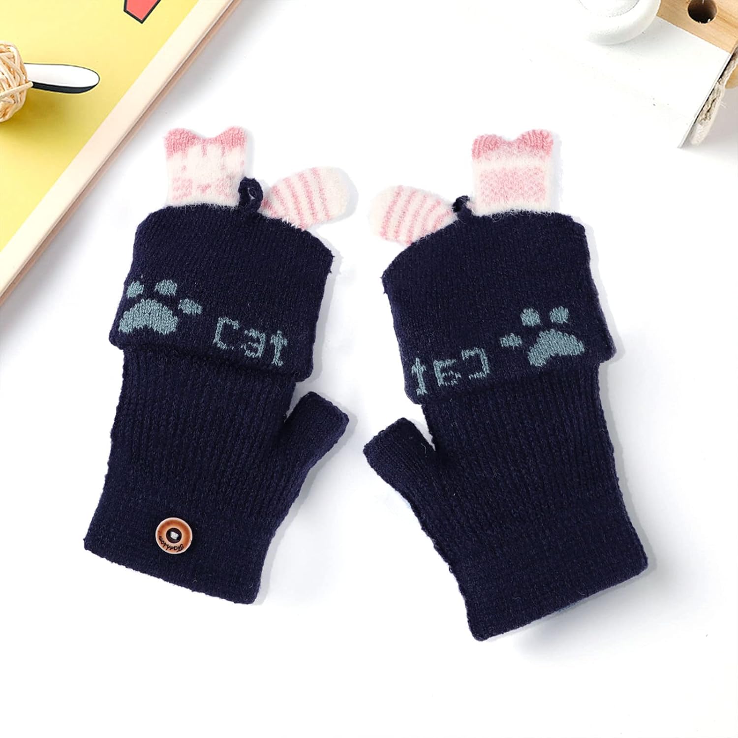 Cartoon Convertible Flip Top Gloves Toddler Kids Winter Wool Knit Fingerless Gloves with Mitten Cover for Girls Boys 2-15 Yrs - Image 3