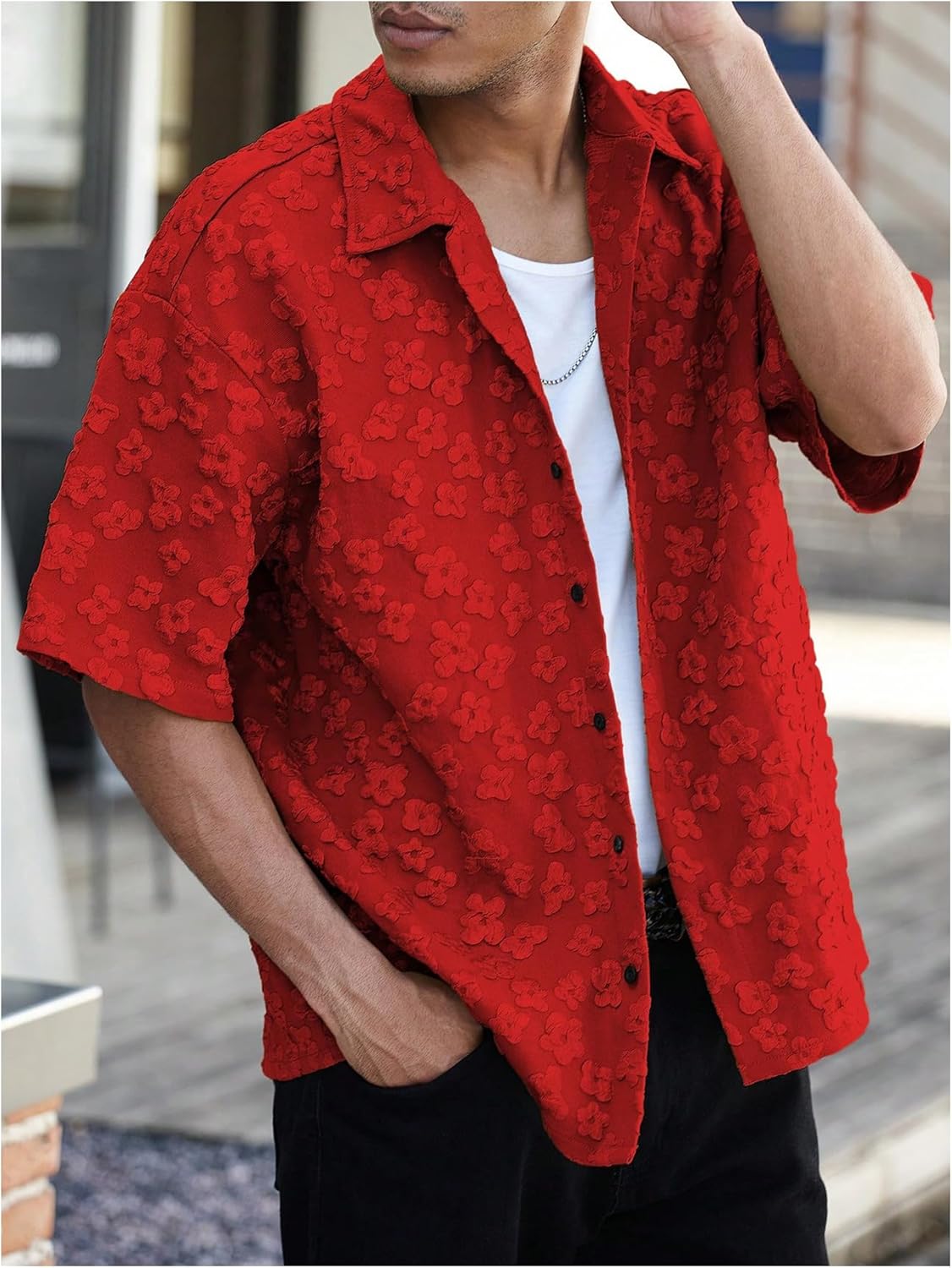 Men's Floral Shirts Half Sleeve Button Down Vacation Beach Baggy T Shirt - Image 4