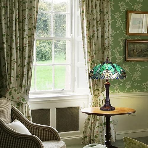 Miniatura 5 de Tiffany - Lámpara de mesa de cristal verde mar, estilo antiguo, de 16 pulgadas, lámpara de escritorio grande, 2 luces, estilo victoriano, vintage,