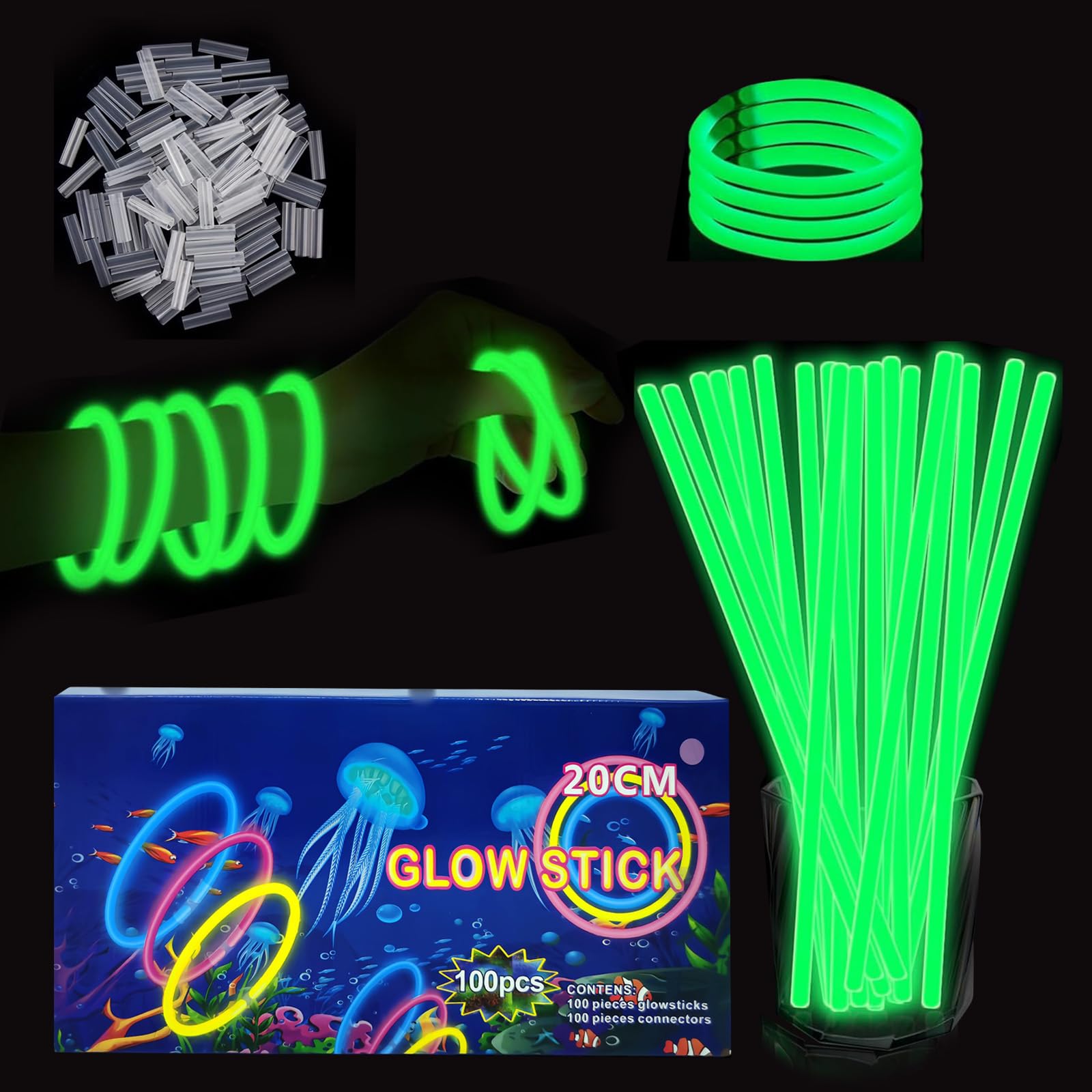 YAAVAAW 100Pcs Green Glow Sticks Party Packs,Glow in the Dark Party Supplies,Children Glow Stick Necklaces Bracelets,20cm Glowsticks Bulk for Kids Adults Halloween Christmas Easter Party Bag Fillers — image 1