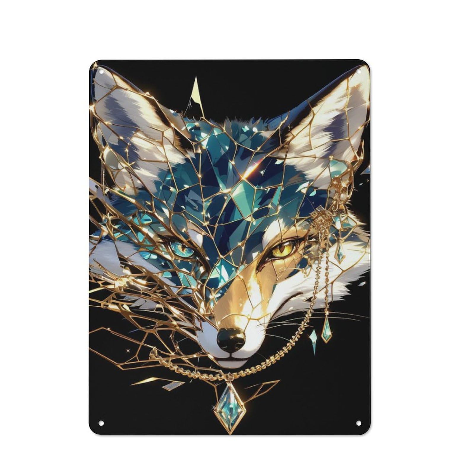 Junmoney Style Gemstone Fox Portrait Rustic Tin Wall Plaque 40X30cm For Hobby Room Or Studio, A New Home Present For Creative Interior Collectors