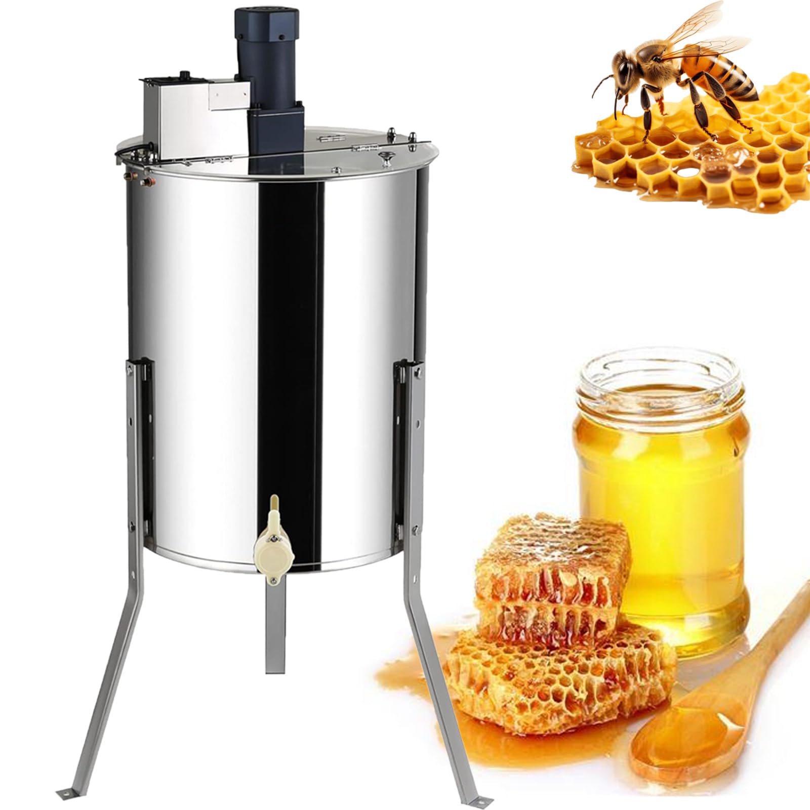 PtaTritious 2/3/4 Frame Electric Honey Extractor, Food Grade Stainless Steel Beekeeping CentrifugeHoneycomb Extraction Centrifuge Equipment with Transparent Lid, Adjustable Stand 3Frames