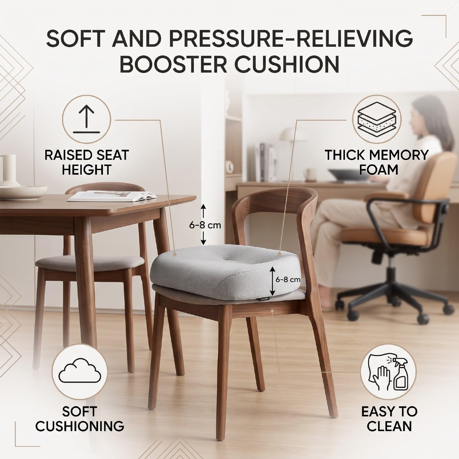 Semme Cuscino Rialzante per Sedia 6,8 Cm, Supporto Rigido in Memory Foam