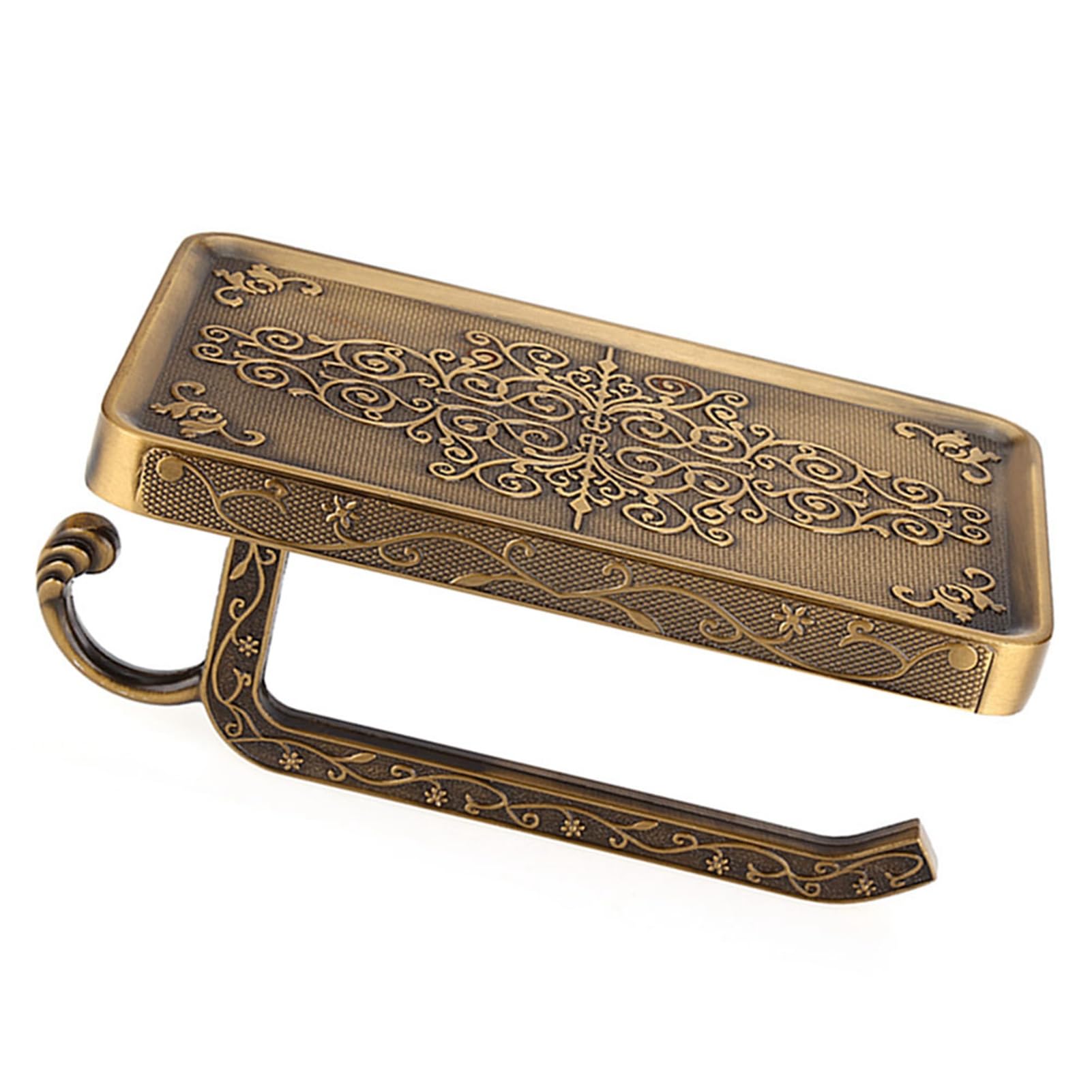 Antique Brass Wall Mounted Toilet Paper Holder With Phone Shelf – Sturdy Bathroom Roll Holder & Accessory Rest For Diapers, Keys, Glasses (Antique Color)