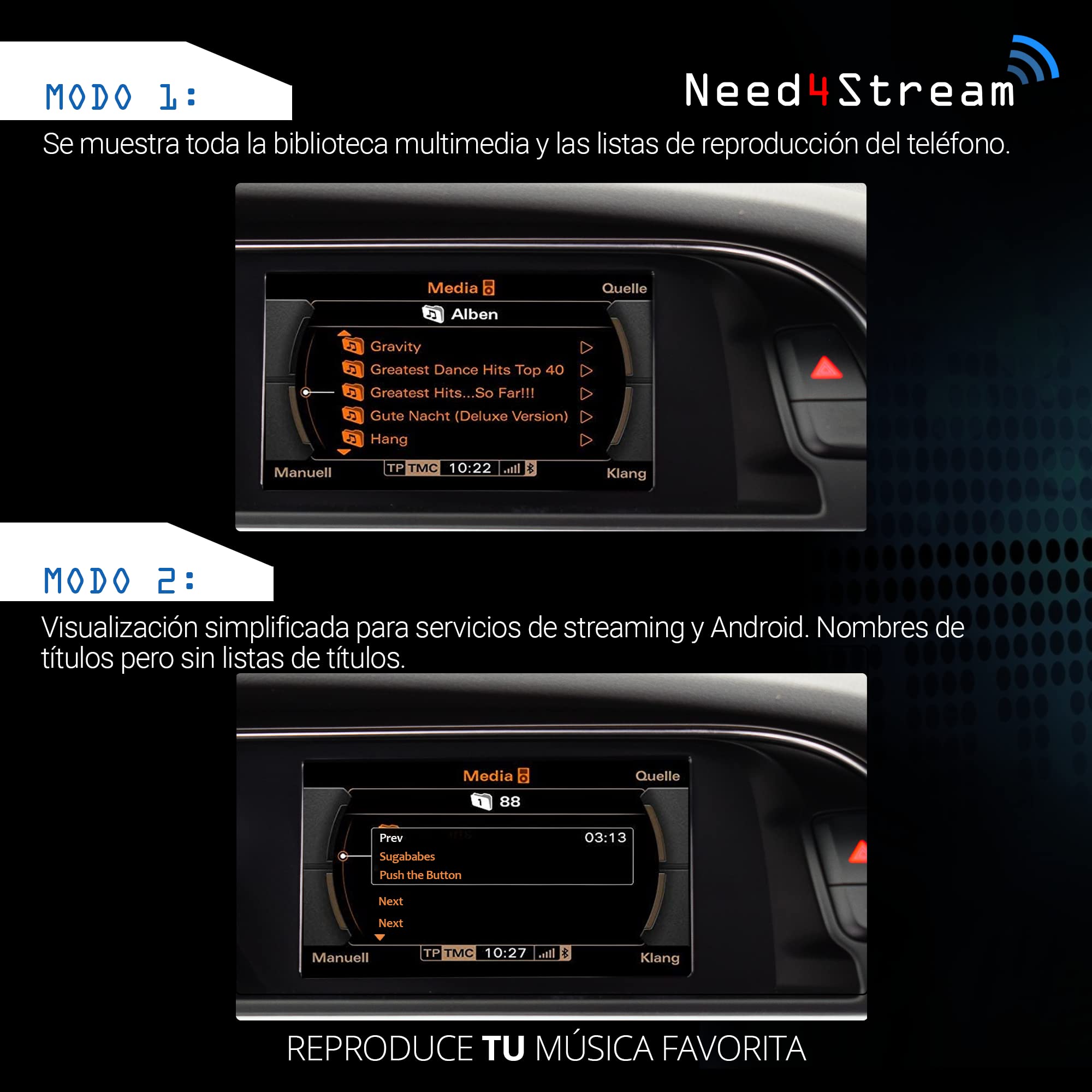 Interfaz de Audio Bluetooth con Listas de Canciones, N4S300A-2G A2DP, Compatible con Audi Music Interface y MMI 2G, Apto para iPhone y Smartphone Android