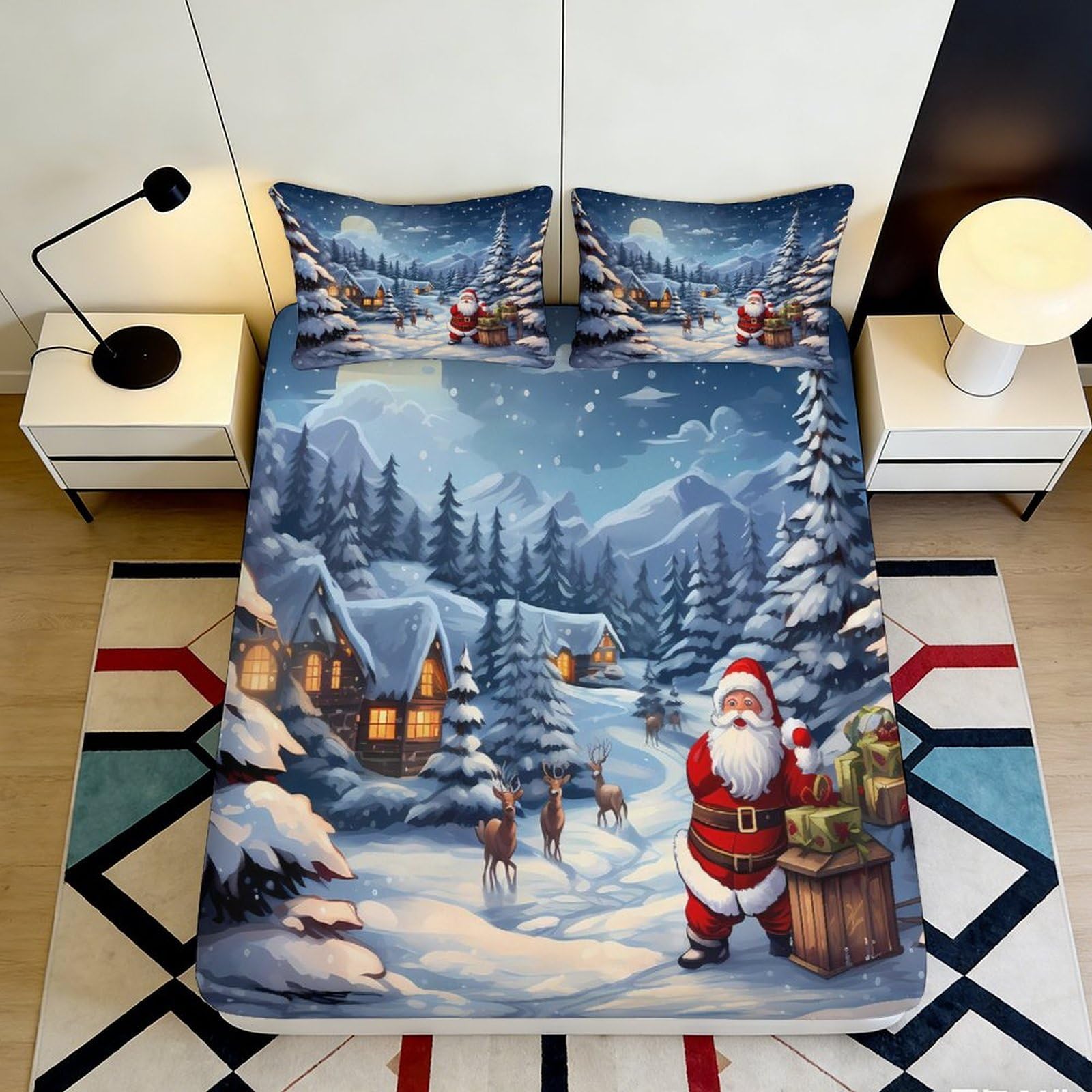3D Printed Christmas Village Fitted Sheet Microfiber Non-Slip Santa Snow Scene Mattress Cover for Bedroom Decor 90x200x25cm