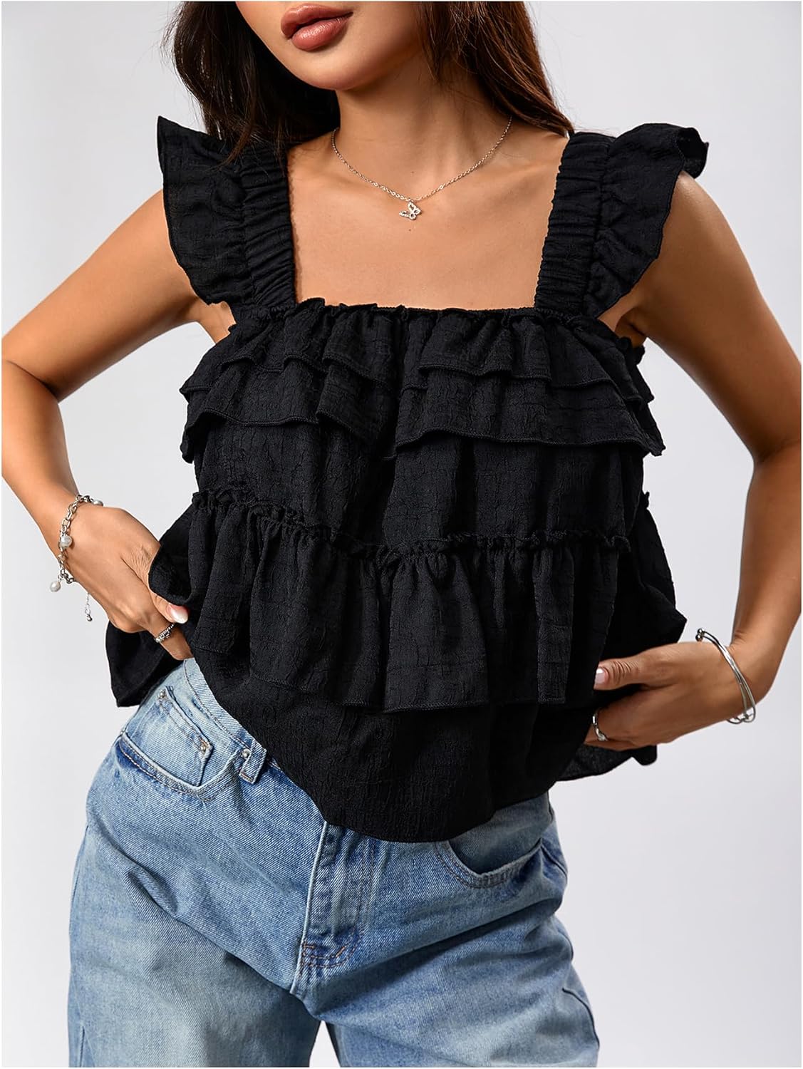 SweatyRocks Women's Layered Ruffle Hem Blouses Cap Sleeve Square Neck Summer Babydoll Peplum Tops - Image 2