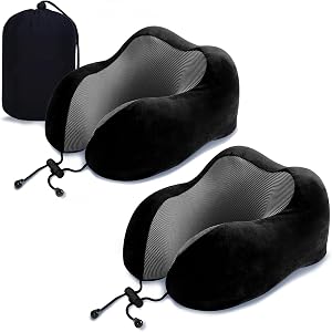 ZHCHG 2 Pack Travel Pillow, Best Memory Foam Neck Pillow for Airplane, Head Support Comfortable Pillow for Sleeping Rest, Train, Car & Home Use (2 Pack Black)