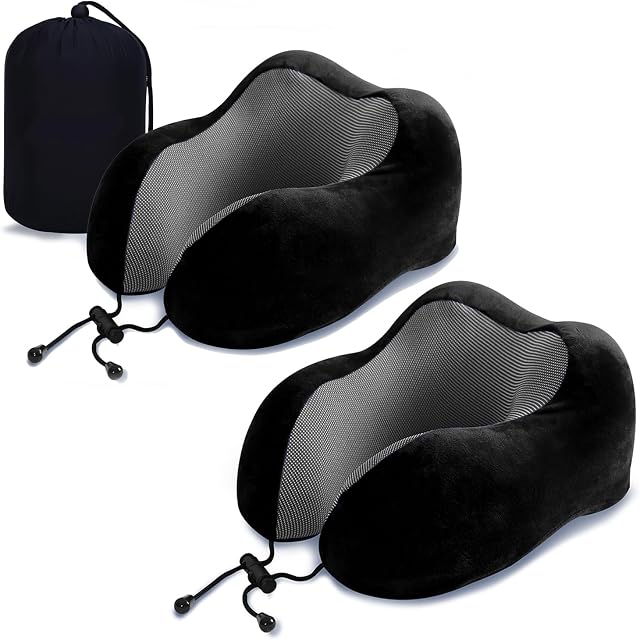 ZHCHG 2 Pack Travel Pillow, Best Memory Foam Neck Pillow for Airplane, Head Support Comfortable Pillow for Sleeping Rest, Train, Car & Home Use (2 Pack Black)