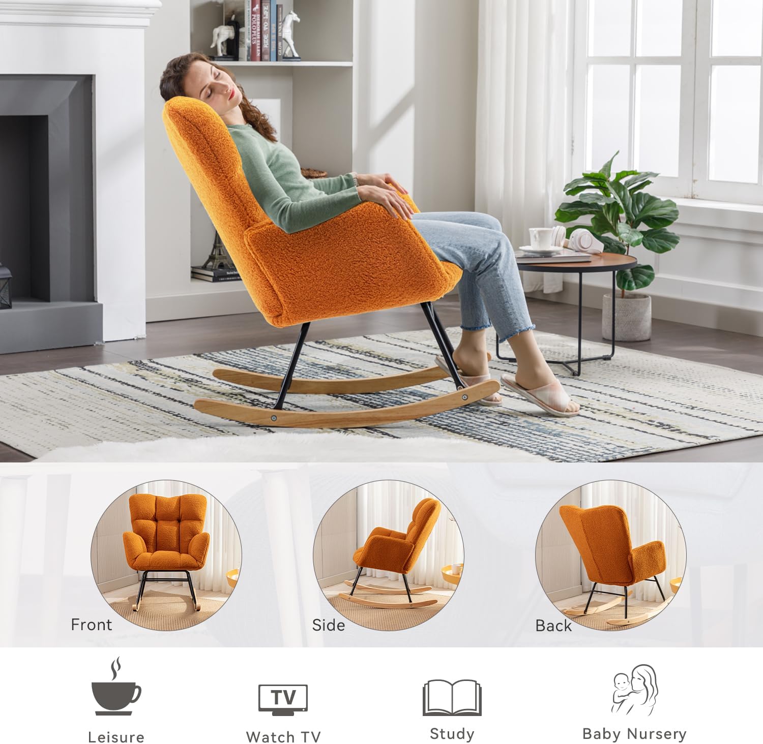 FOXHUNTER Rocking Chair Nursery Teddy Upholstered Glider Rocker High Backrest Nursery Rocker Comfortable Stylish Accent Armchair for Living Rooms Bedrooms Offices (Teddy Caramel)
