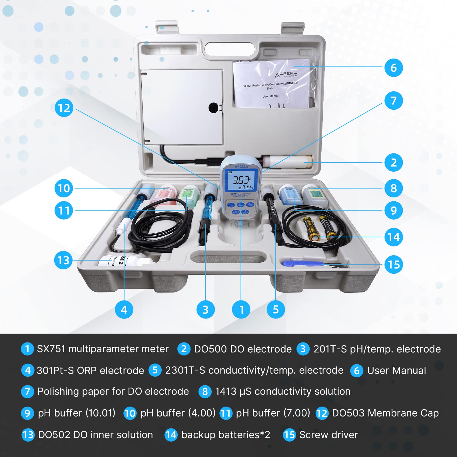 Apera Instruments SX751 pH/DO/ORP portátil/conductividad/TDS/salinidad/resistencia/juego de medidores en maletín (impermeable, función de memoria, compensación automática de temperatura y calibración)