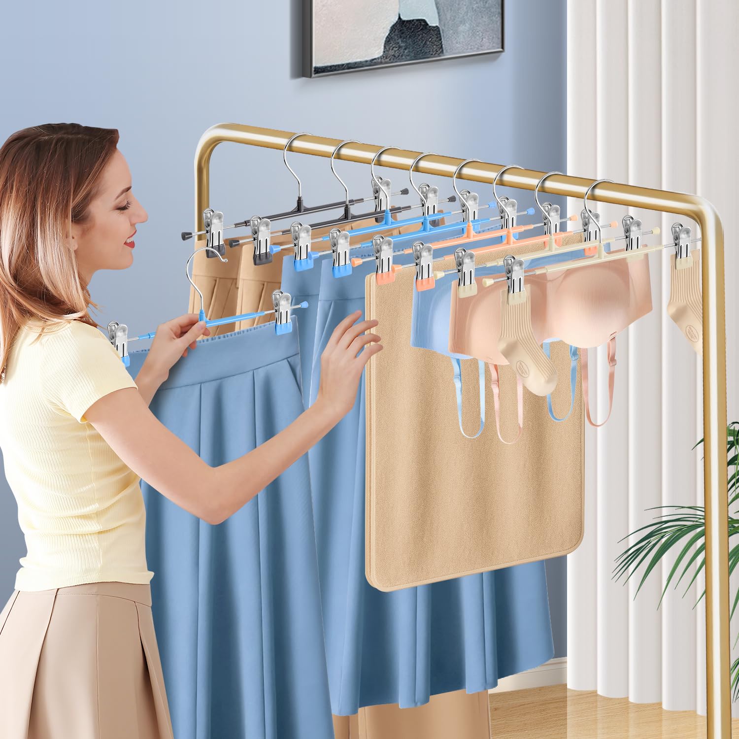 Confezione da 20 grucce per pantaloni da 35,5 cm, con clip, regolabili, in metallo, antiscivolo, resistenti, salvaspazio, per pantaloncini, jeans, blu cielo