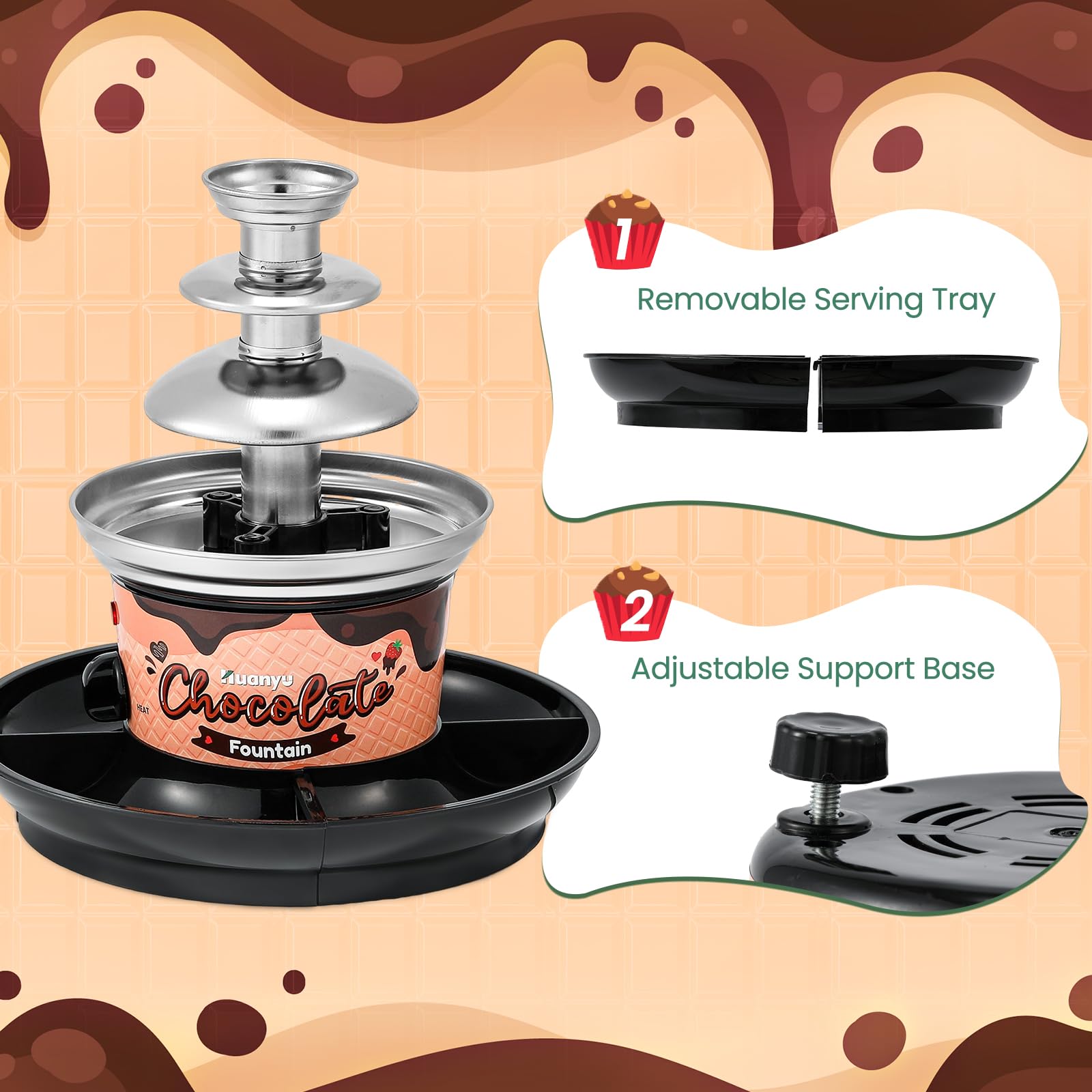 Huanyu Fuente de Chocolate de 3 niveles 10 pinchos de bambú Bandeja extraíble 450g Mini Chocolate Fondue Fuente para Fiesta Cumpleaños Boda Chocolate Nacho Queso Salsa Barbacoa Licores (negro)