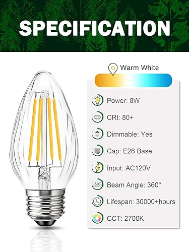 Miniatura 2 de ROMANJOY F15 - Bombillas LED regulables para porche, 8 W, equivalente a 80 W, 2700 K, blanco cálido, E26 Edison, bombilla vintage, cubierta de