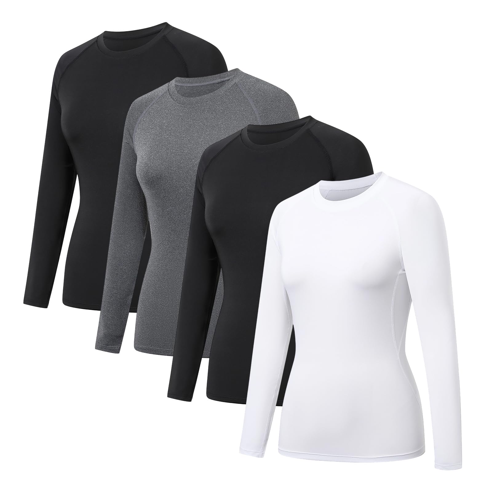 HYCOPROT 4 Pack Women's Compression Shirt Long Sleeve Workout Tops Quick Dry Baselayer Athletic T Shirt Gym Yoga Running