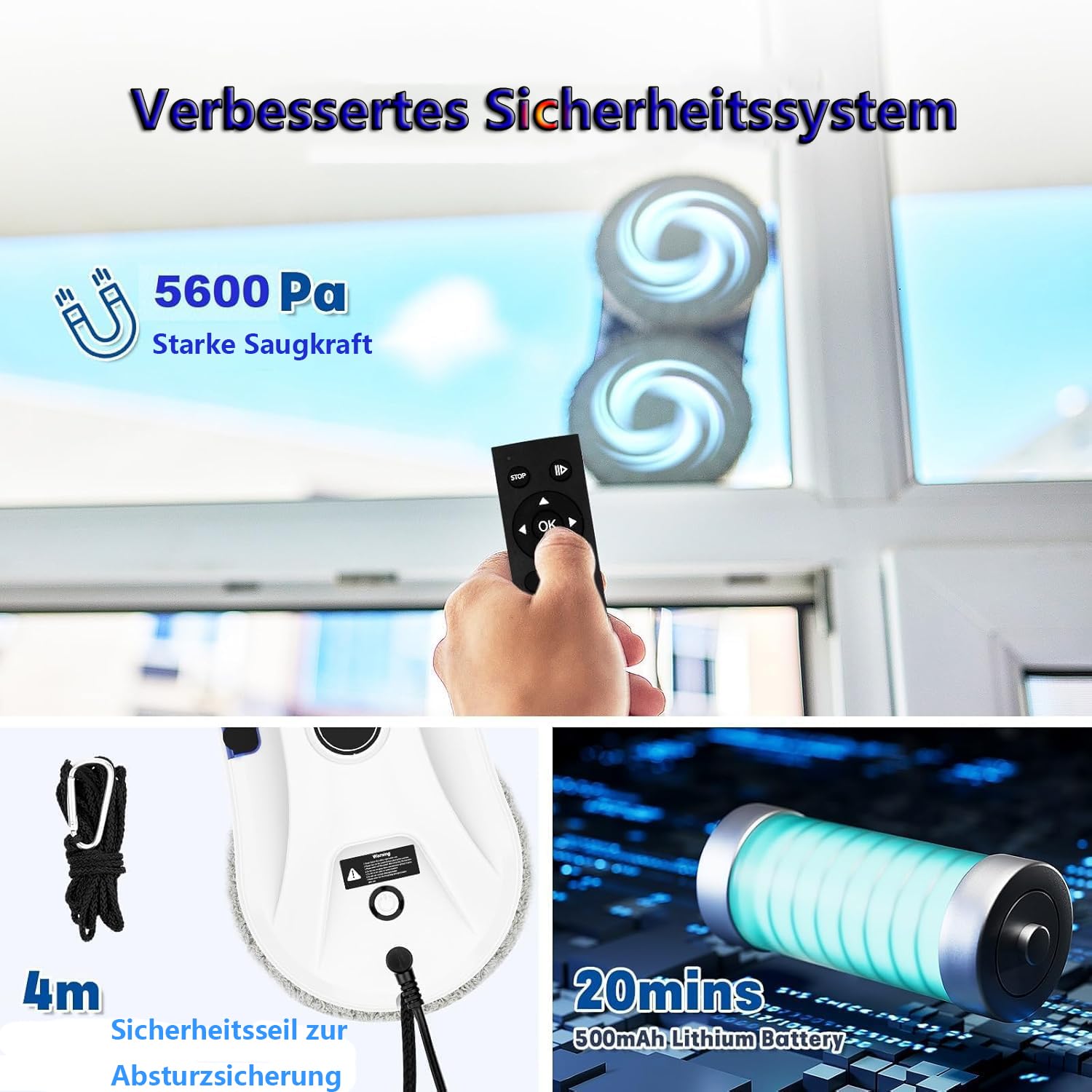 Fensterputzroboter, 5600Pa Elektrischer Fensterreiniger Roboter mit Fernbedienung und Kantenerkennungssystem, Automatischer Fensterreiniger für Innen- und Außenfenster, 6 Tücher