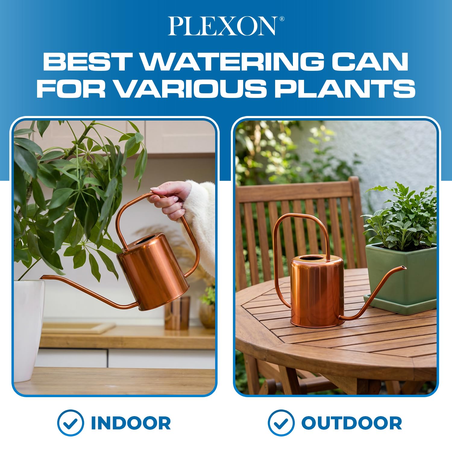 Plexon Metall-Gießkanne für Zimmerpflanzen, 1,5 l, Edelstahl, langer Auslauf, Gießkanne für den Außenbereich, Haus, Pflanze, Blume, Garten