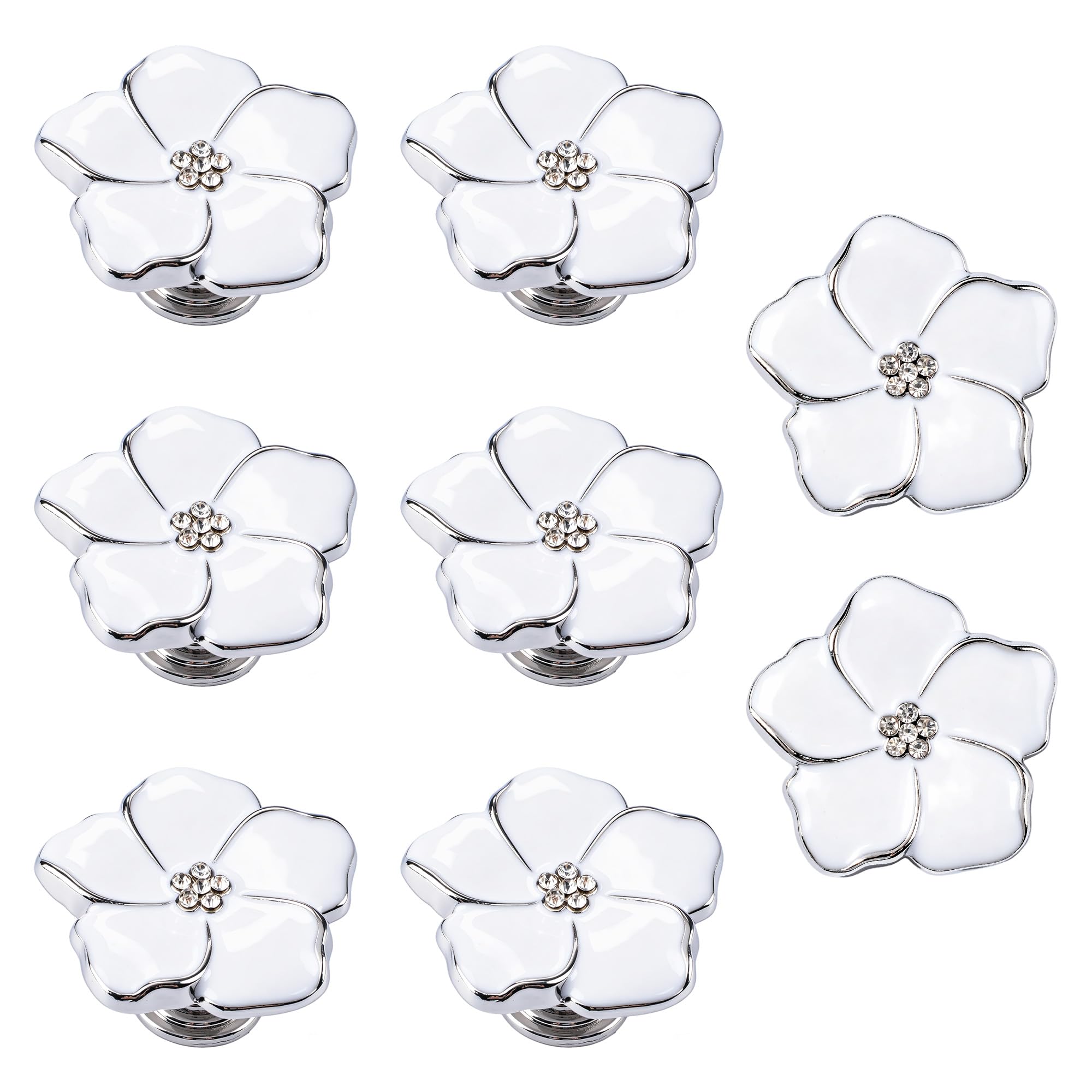 MOROBOR 8pcs Petal Drawer Knobs, Creative Cabinet Drawer Pulls Silver Silk Enamel Single Hole Zinc Alloy Knobs for Dresser Wardrobe Door Furniture/Silver Base with White Dispensing Surface — image 1