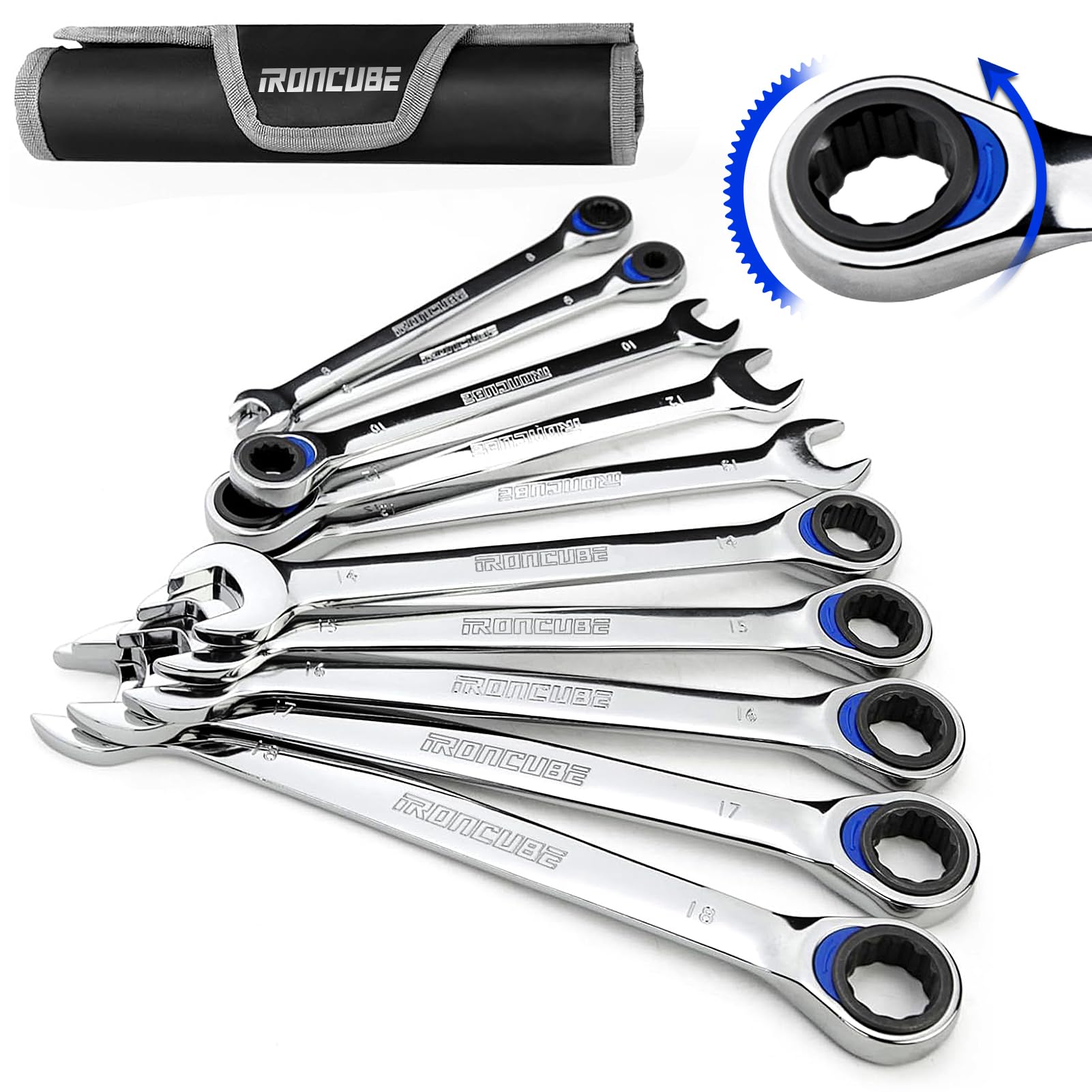 IRONCUBE Ratcheting Combination Wrench Setwith Carrying Bag (10-Piece Metric)