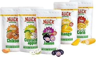 NUICK Combo of Freeze Dried Mango, Chikoo, Custard Apple, Jamun & Peri-Peri Corn | Pack of 5 | Not Baked, Not Fried, Not Frozen | Nutritious and Crunchy Snack
