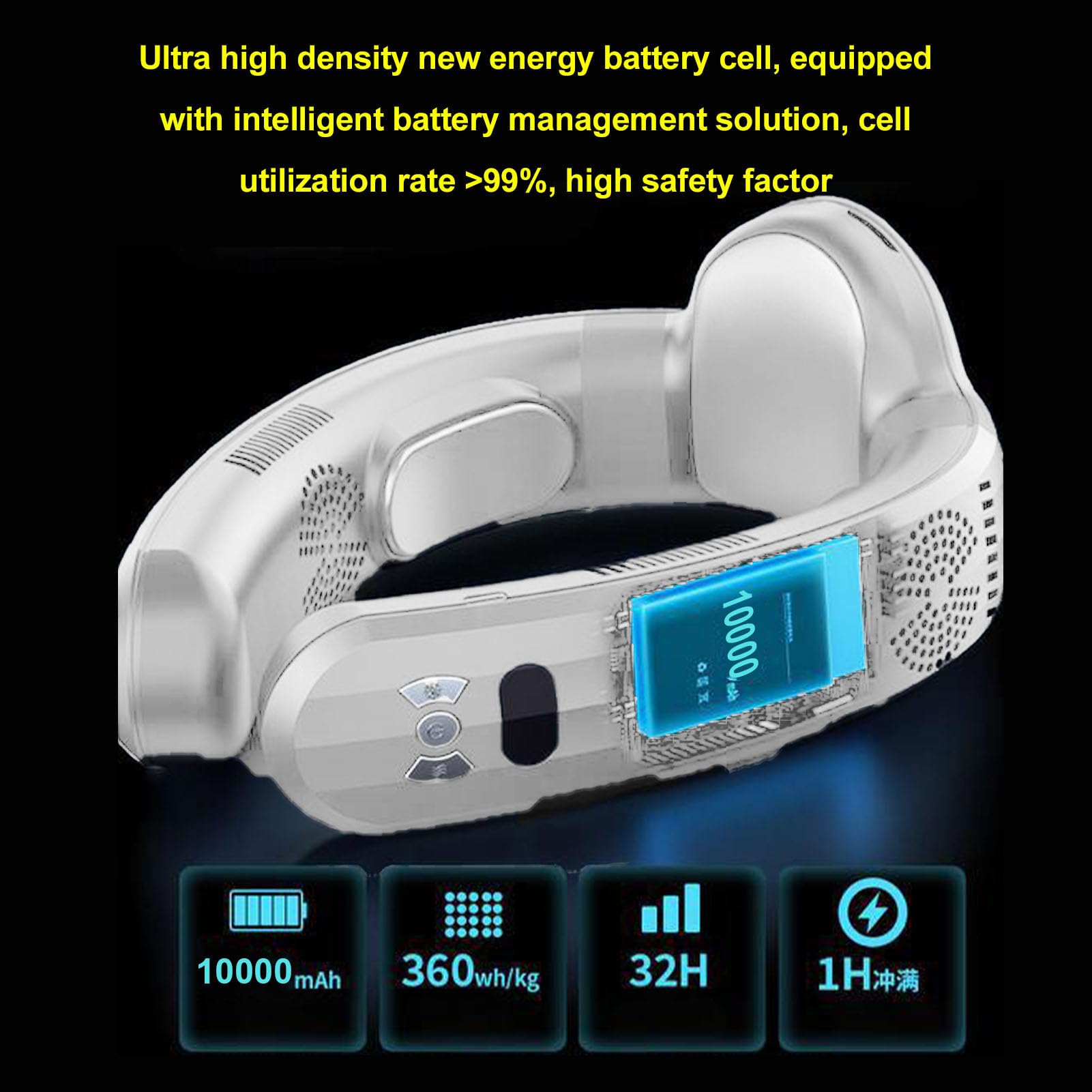 Cocoarm Ventilateur de Cou Portable ABS PP Ventilateur Portable 10 000 MAh 3 Vitesses Semi-conducteur Refroidissement Chauffage Conception Silencieuse pour Plage Cyclisme Camping Croisière Voyage