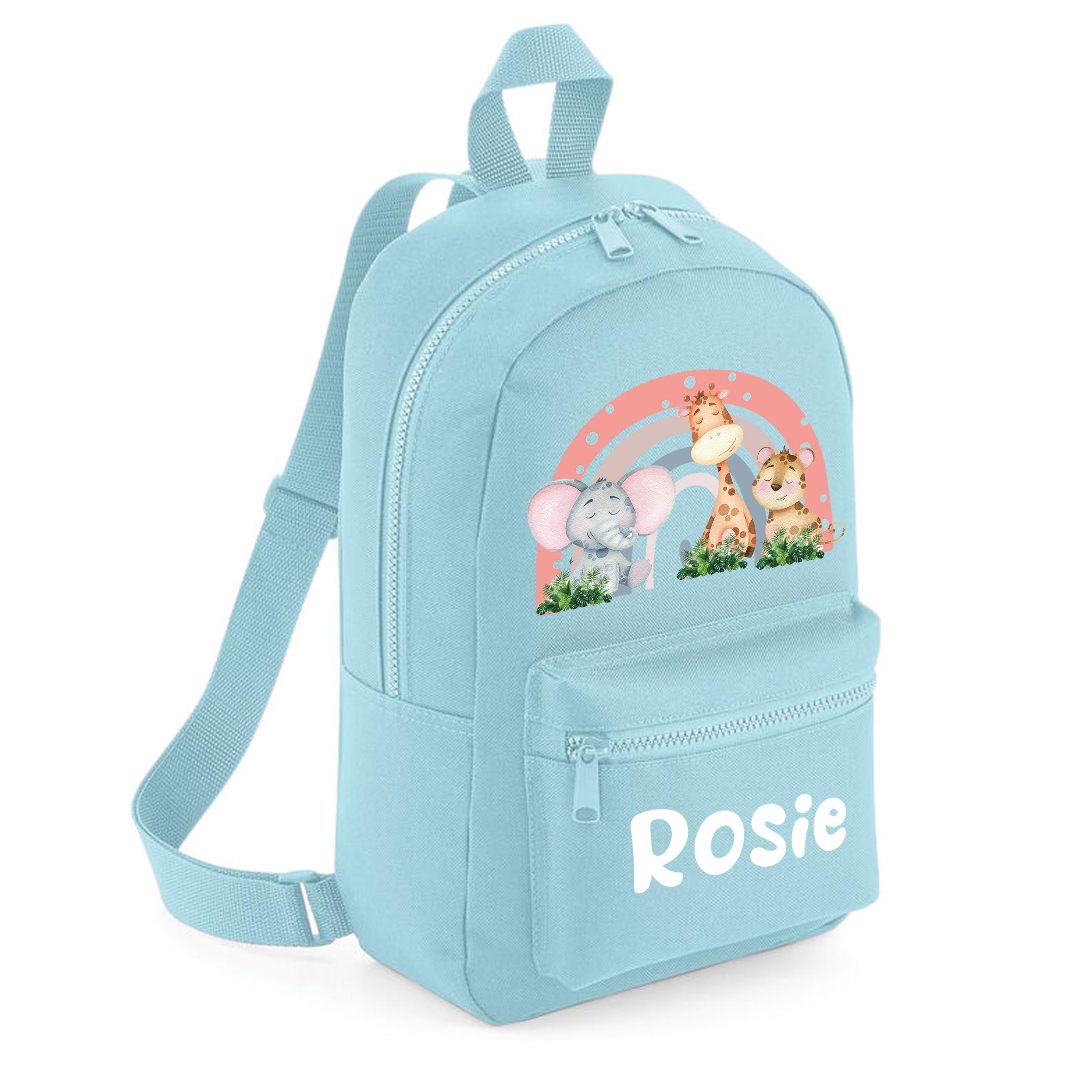 The Baby Box UK Personalised Girls Backpack Toddler Safari Rainbow Back Pack Childrens Rucksack (Light Blue)