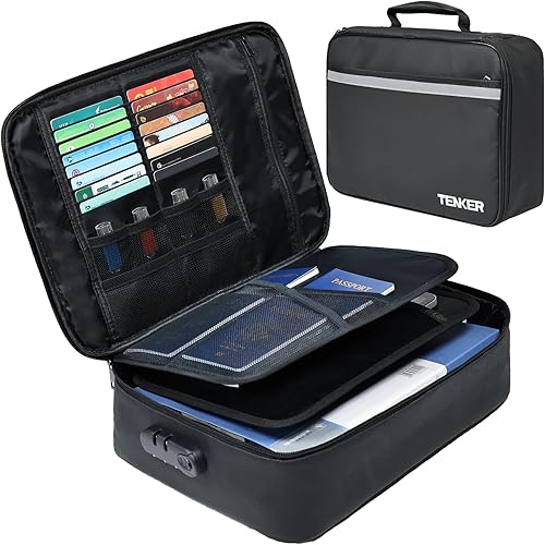Document Bag with Lock, Fireproof File Storage Case with Water-Resistant, TENKER Organizer Box for Document, Safe Portable Travel Home Organizer for Laptop, Files, Certificates, Black(15''x11''x4'')
