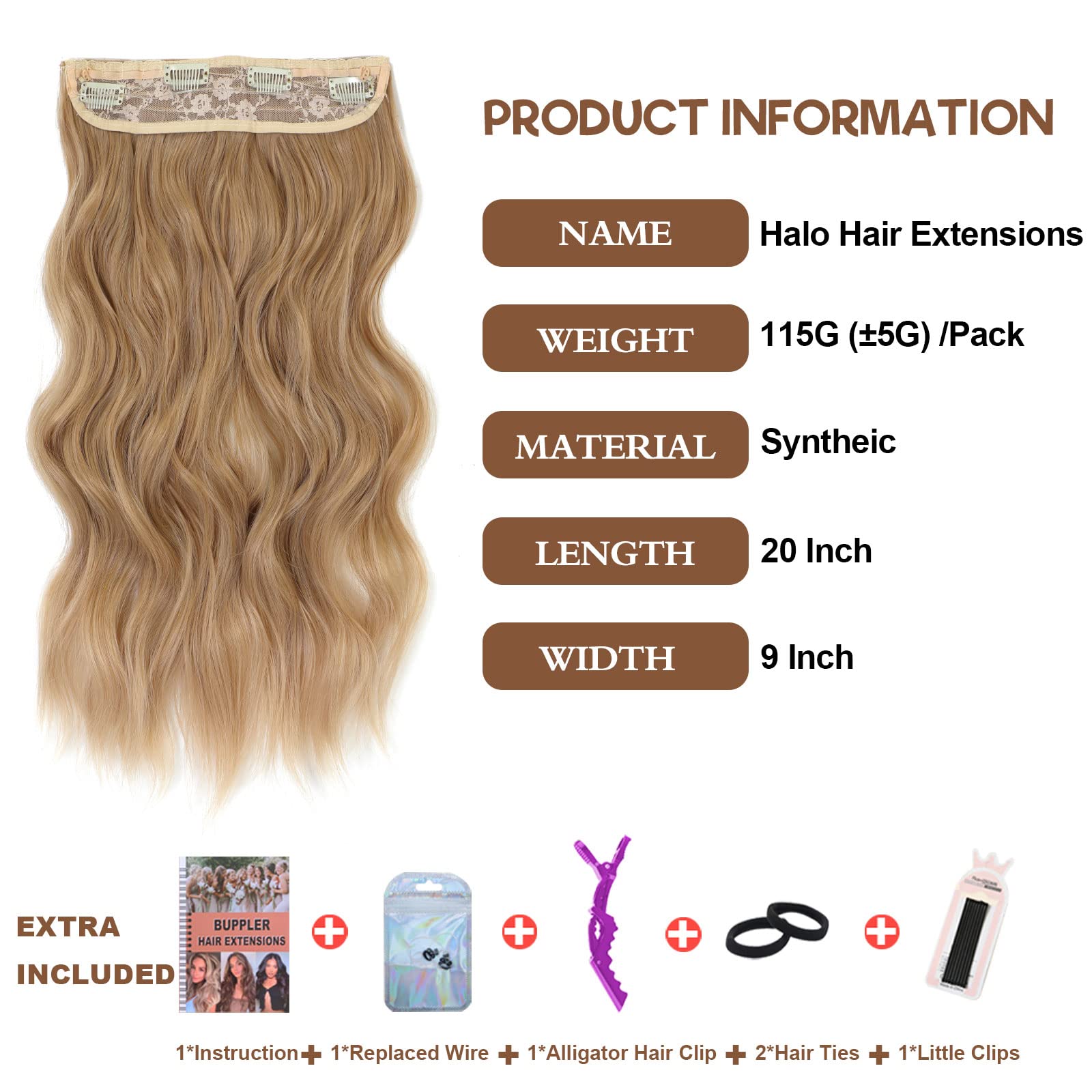 BUPPLER Halo Hair Extensions 20 Inch Invisible Wire Hair Extensions Adjustable Long Wavy Hairpiece Synthetic Upgrade 4 Secure Clips in Hairpieces 20 Inch,Medium Golden Brown - Image 2
