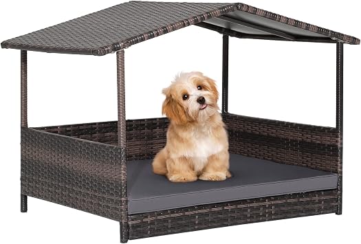 PETSITE Wicker Elevated Dog Bed with Weatherproof Roof, Raised Rattan Pet House Indoor/Outdoor with Removable Cushion Lounge for Small, Medium Dogs