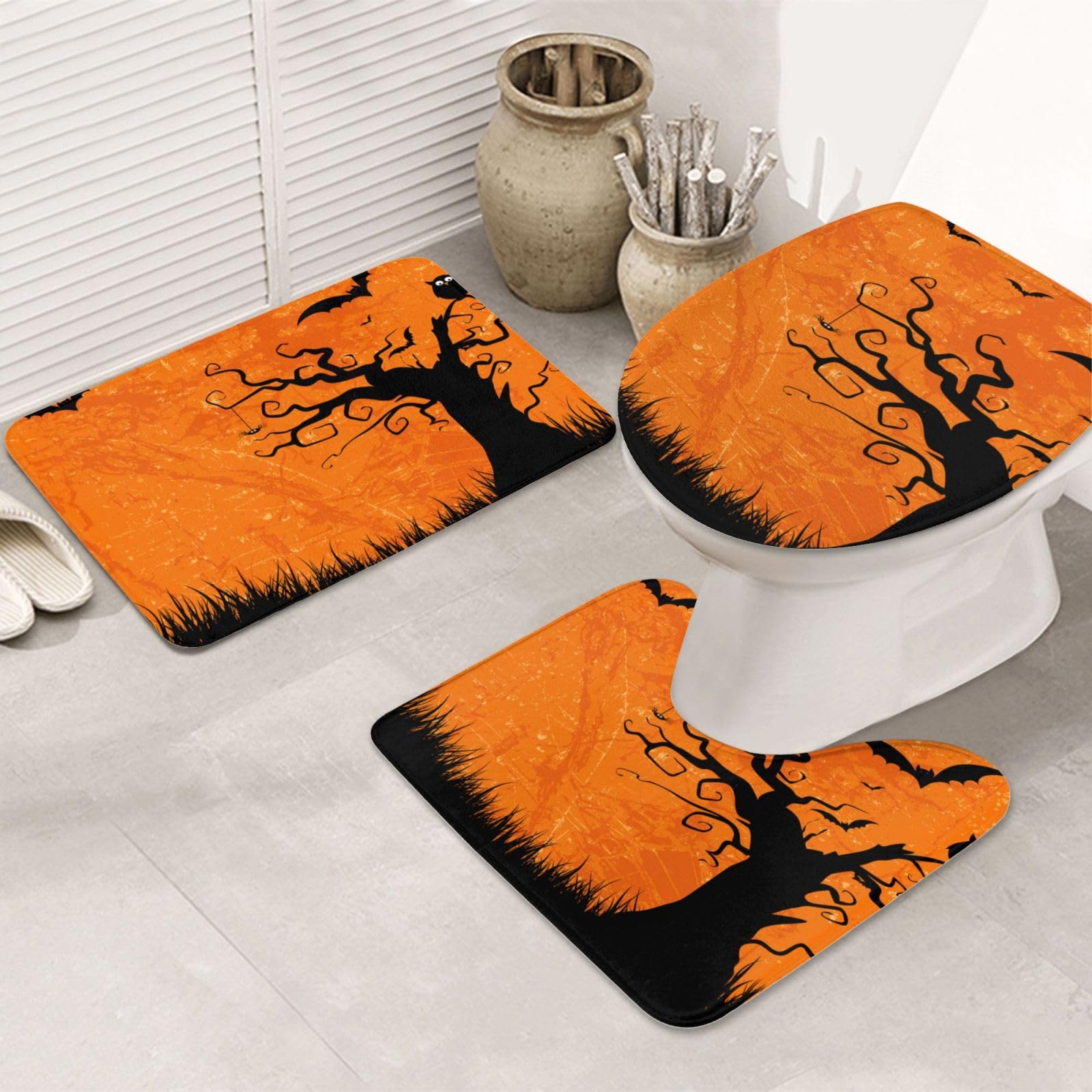 Set di tappetini da bagno con stampa arancione per feste di Halloween, 3 pezzi inclusi, tappetino da contorno assorbente per bagno