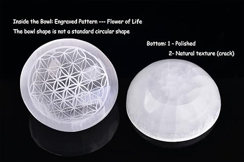 Miniatura 4 de AMOYSTONE Cuenco redondo de carga de selenita para piedras de cristal, 4 pulgadas, patrón de grabado de flor de la vida, 1, decoración del hogar,