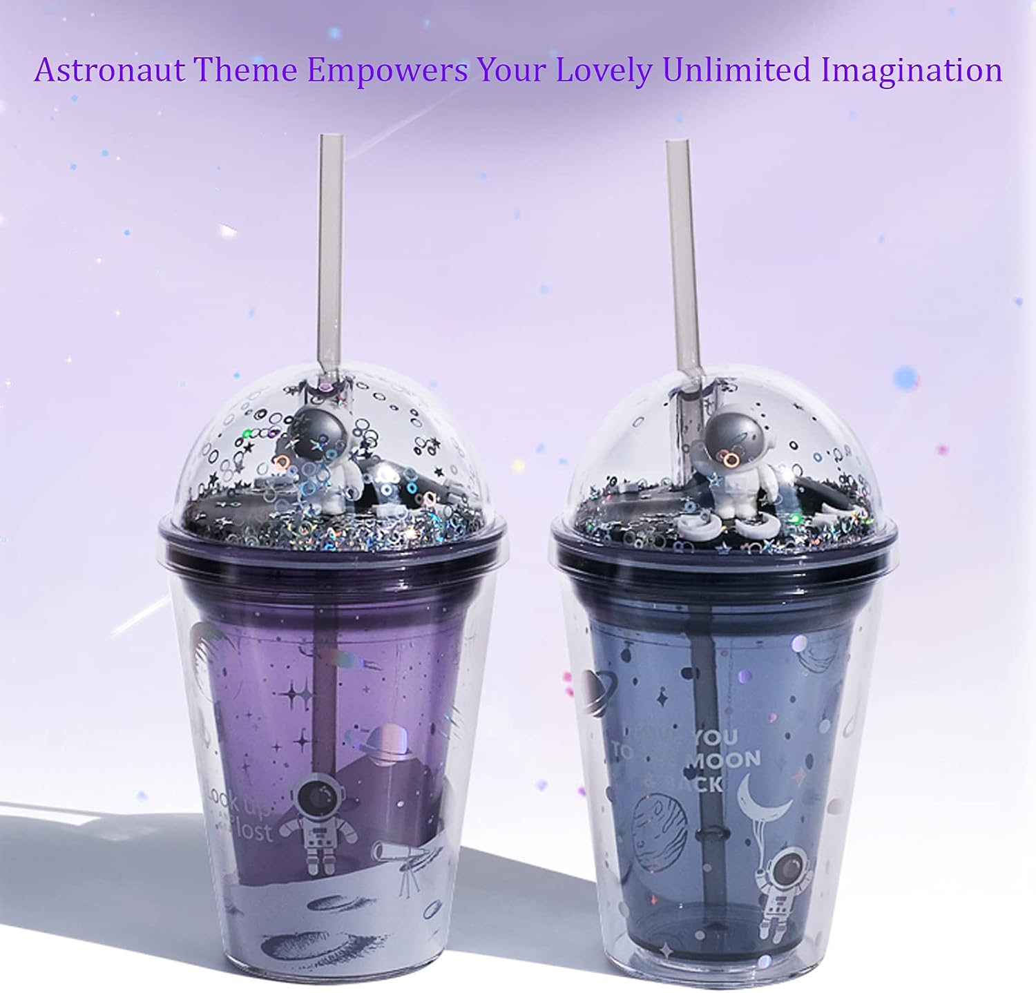 PMCDS2G Insulated Double Wall Reusable 13oz Plastic Space Tumbler Cup Water Bottle With Lids And Straws & BPA Free (Light Purple)