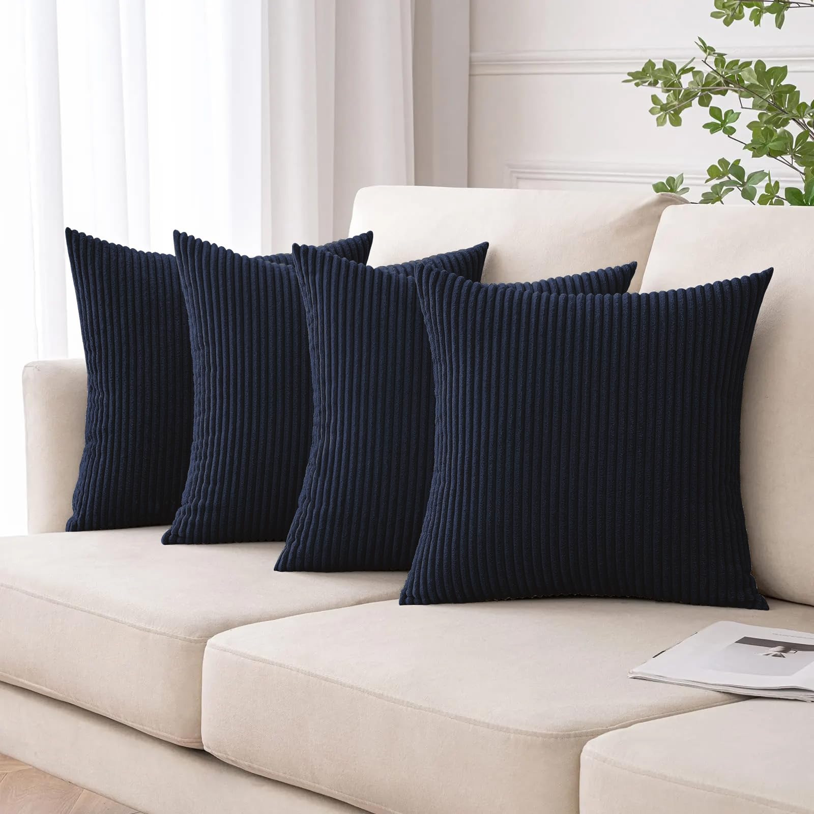 Moonlight Bedding Navy Corduroy Cushions With Covers Included Pack Of 4 (4 Covers, 4 Inserts) 45 X 45 Cm Decorative Stripe Throw Pillow Cases With Invisible Zipper For Living Room Bed Sofa