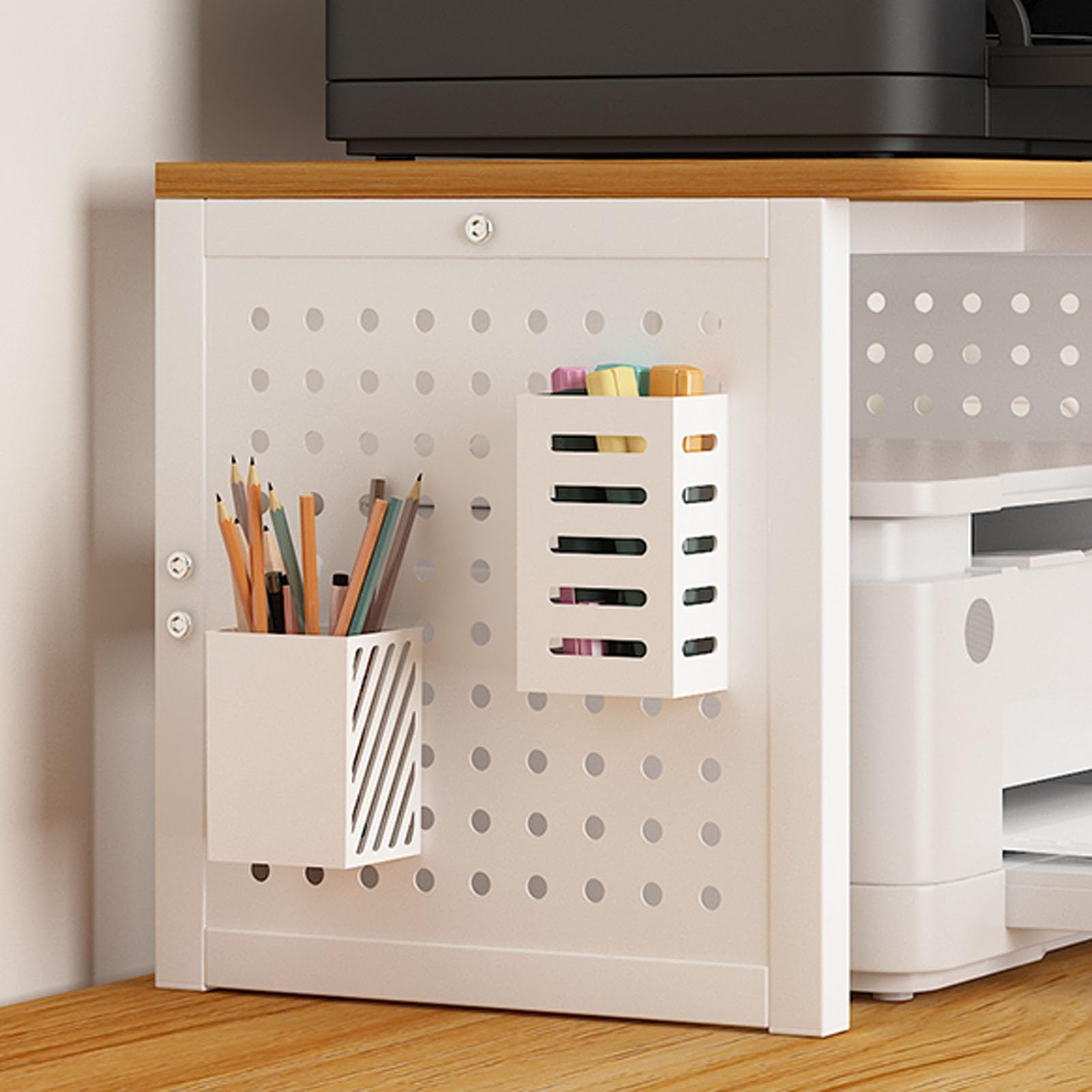 Supporto per stampante regolabile con pannelli forati, organizer da scrivania per ufficio e casa, finitura in legno naturale, adatto a stampanti e forniture per ufficio, 50 x 32 x 40 cm