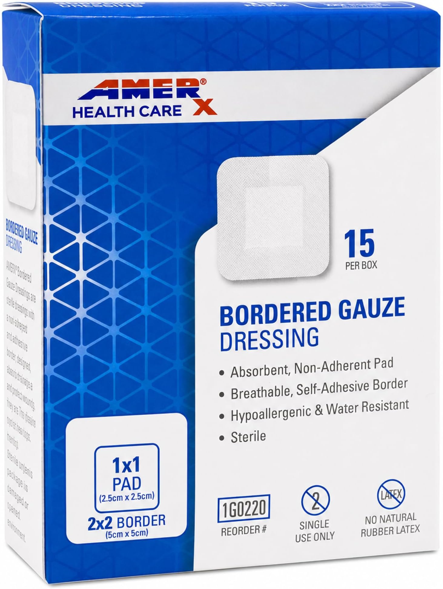 2" x 2" Dressing (1x1 Pad) Bordered Gauze - Adhesive Bandages - Water Resistant Barrier - Self Adhesive Border - Breathable, Hypoallergenic - 15 Pads Per Box