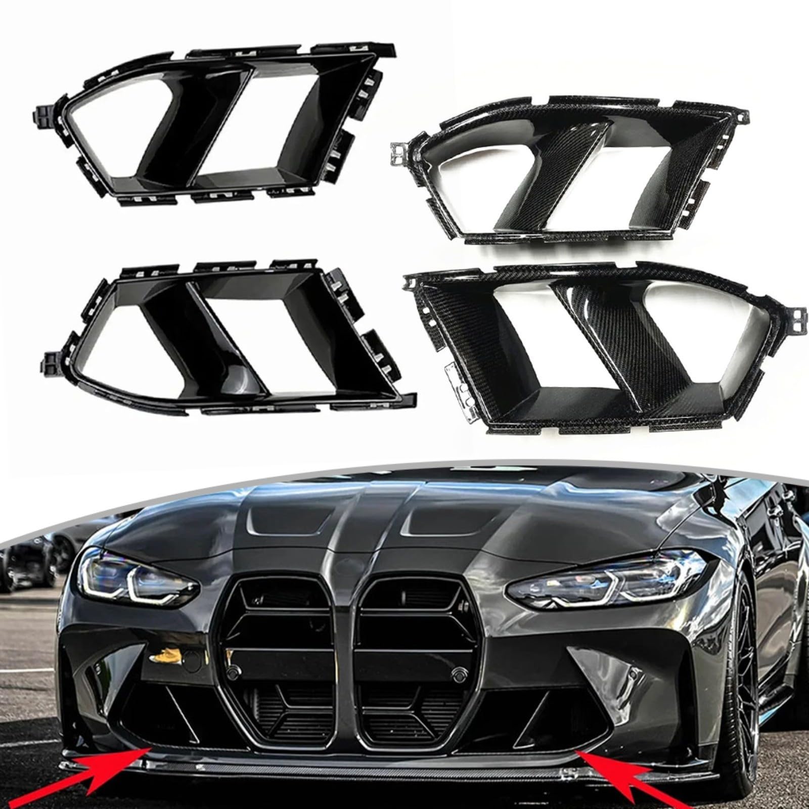 Glänzende schwarze Karbonfaser-Optik Lüftungsschlitzabdeckung für BMW G80 für M3 G82 G83 2021–2024, Frontstoßstange Seitenverkleidung ABS-Kunststoff (Kohlefaser-Optik)