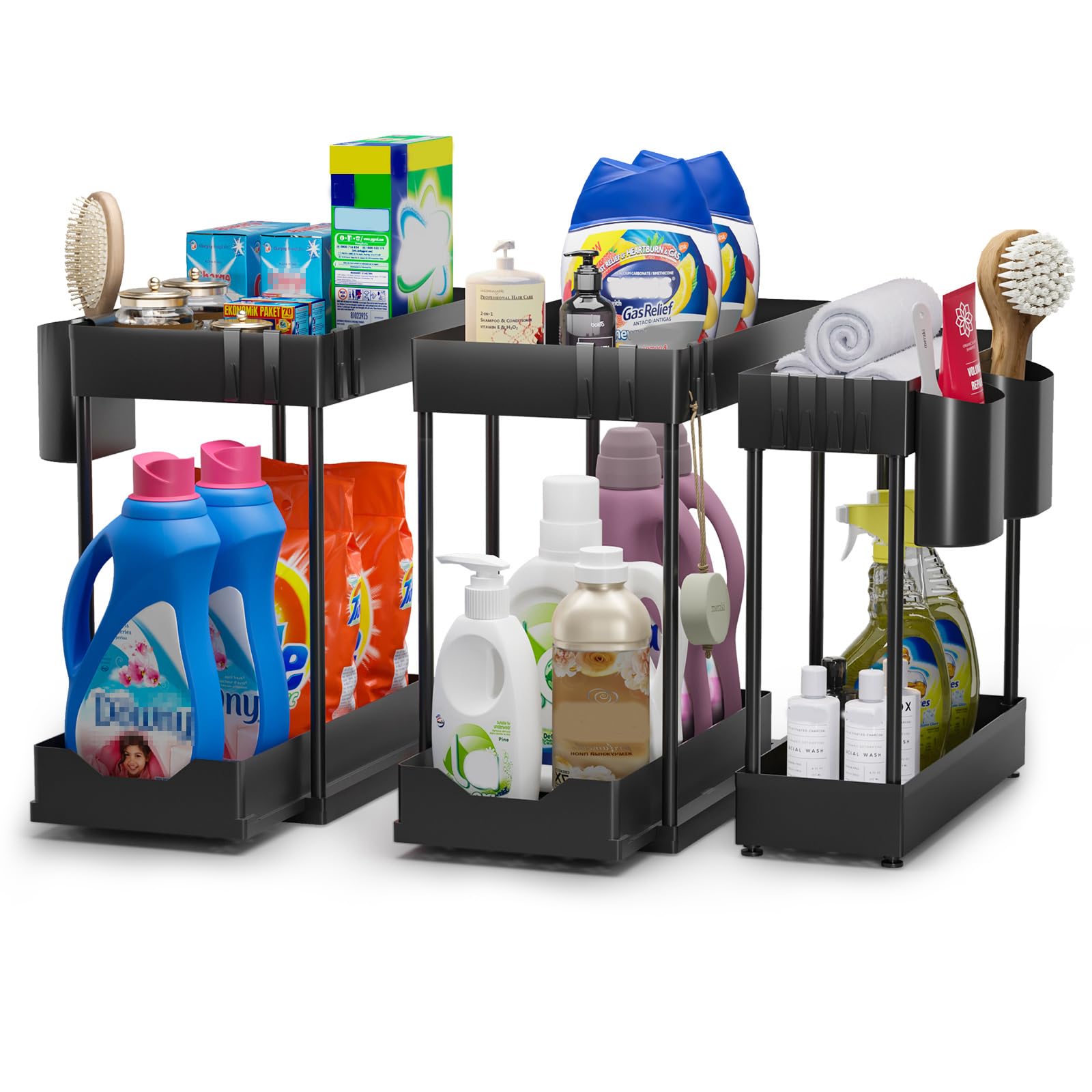 Cinnani Rangement sous Evier Cuisine à 2 Niveaux Lot de 3,Étagère sous Évier Rack avec 12crochet et 3gobelet Suspendu,Coulissant Organiseur sous Évier Etagere Tiroir,Noir