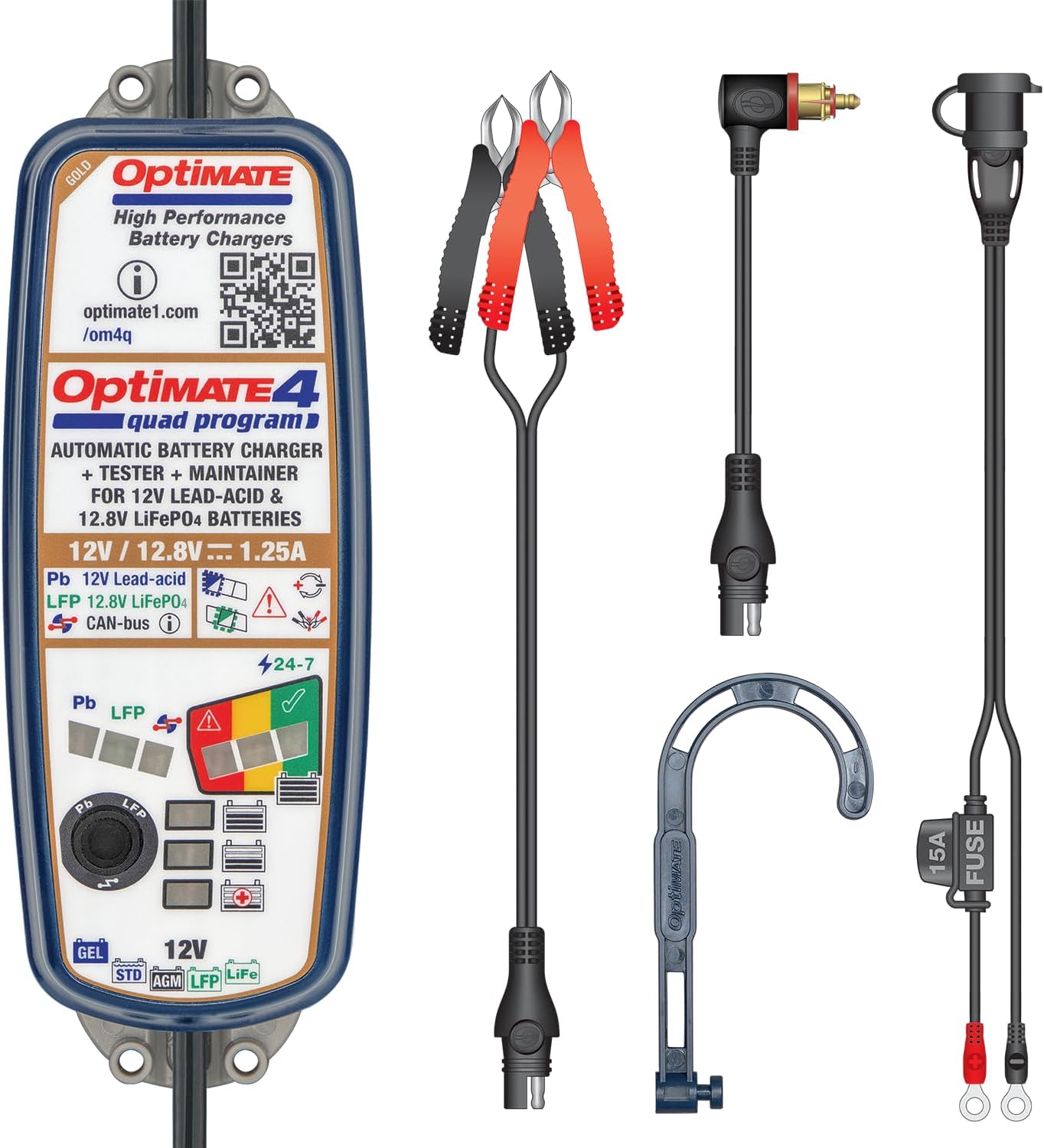 Optimate 4 Quad Program | Premium Edition, TM631-PR, Gold Series: 9-Step 12V / 12.8V 1.25A Sealed Battery Saving Charger & maintainer