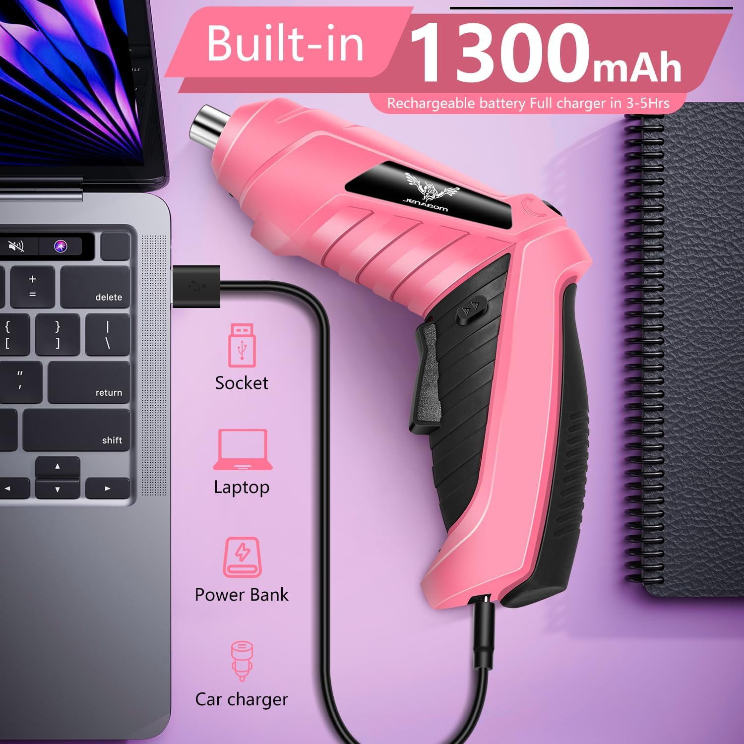 JENABOM 14 in 1 Electric Screwdriver Cordless Rechargeable Small Power Drill Set 3.6V Li-ion 3Nm Max Torque Electric Rotatable with LED Light Screwdriver, Pink