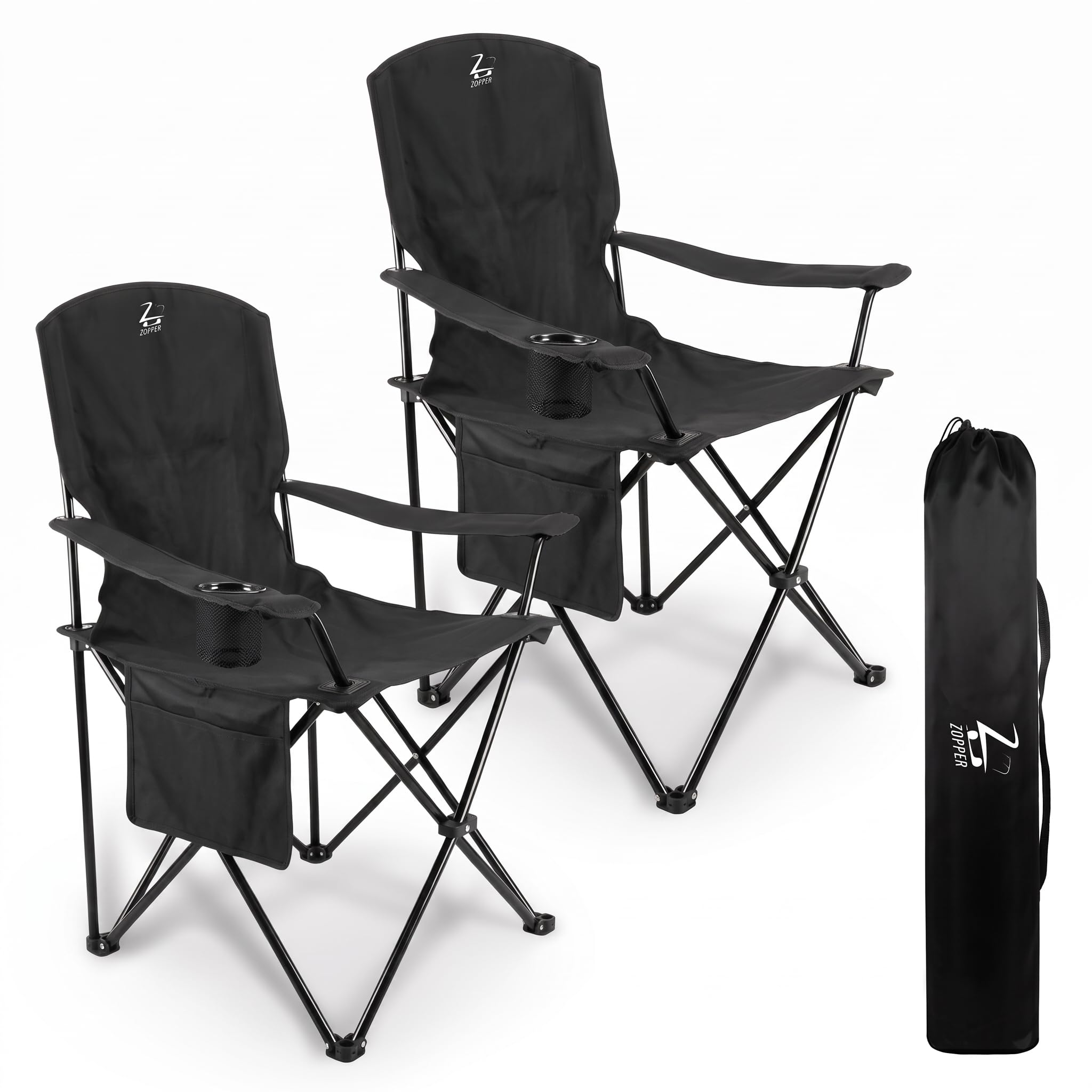 ZOPPER Folding Camping Chairs Black Pack of 2 Portable Outdoor Chairs with Cup Holder, Side Pocket & Carry Bag Collapsible for Camping, Fishing, Beach, and Backpacking