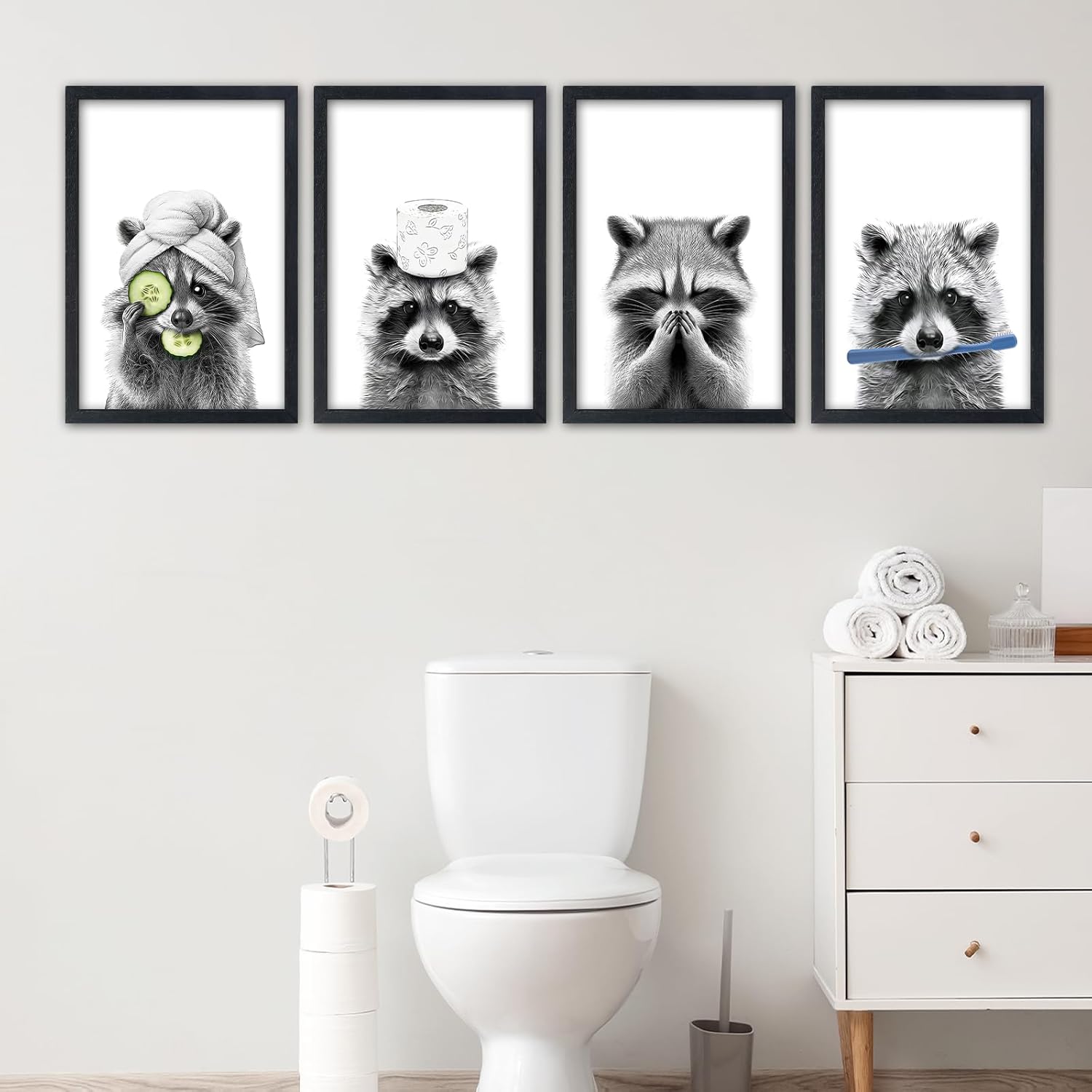 SRSZHIYUE Funny Raccoon Bathroom Wall Decor 16"x11" Set of 4 Bathroom Laundry Room Art Humorous Restroom Toile Animal Prints Sign Above the Bathtub Wall Hanging Art Decoration（Black）