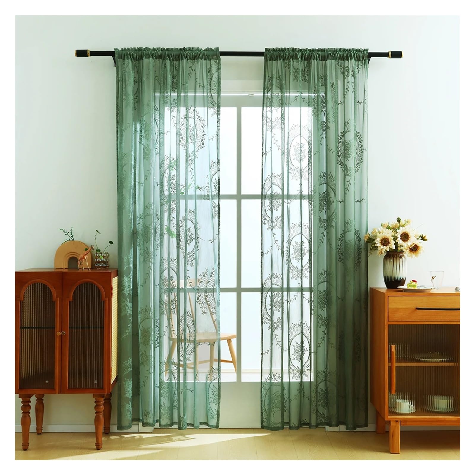 Cgrsdsd Green Voile Curtains 1Pcs Lace Floral Gauze Curtain, Forest Dark Pastoral Translucent Sheer Curtain For Room Decor(Rod Pocket_1pc-W132cm X H215cm)