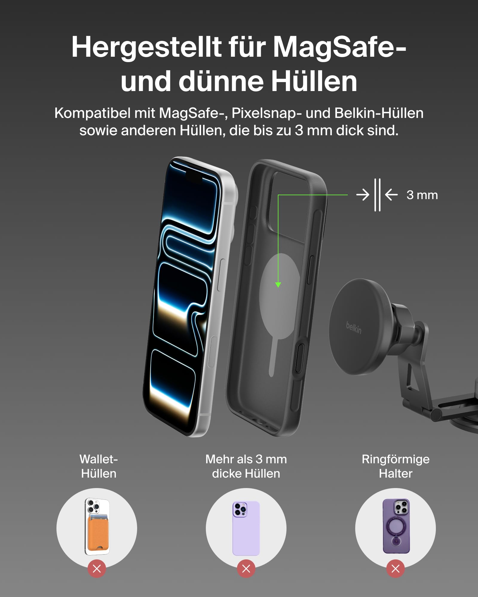 Belkin BoostCharge Qi2 Kfz Ladegerät, Magnetische Handyhalterung Auto mit Ladefunktion, Induktive Ladestation MagSafe Kompatibel, Lüftungshalter mit USB C Kabel für iPhone, Galaxy, Pixelsnap – Schwarz