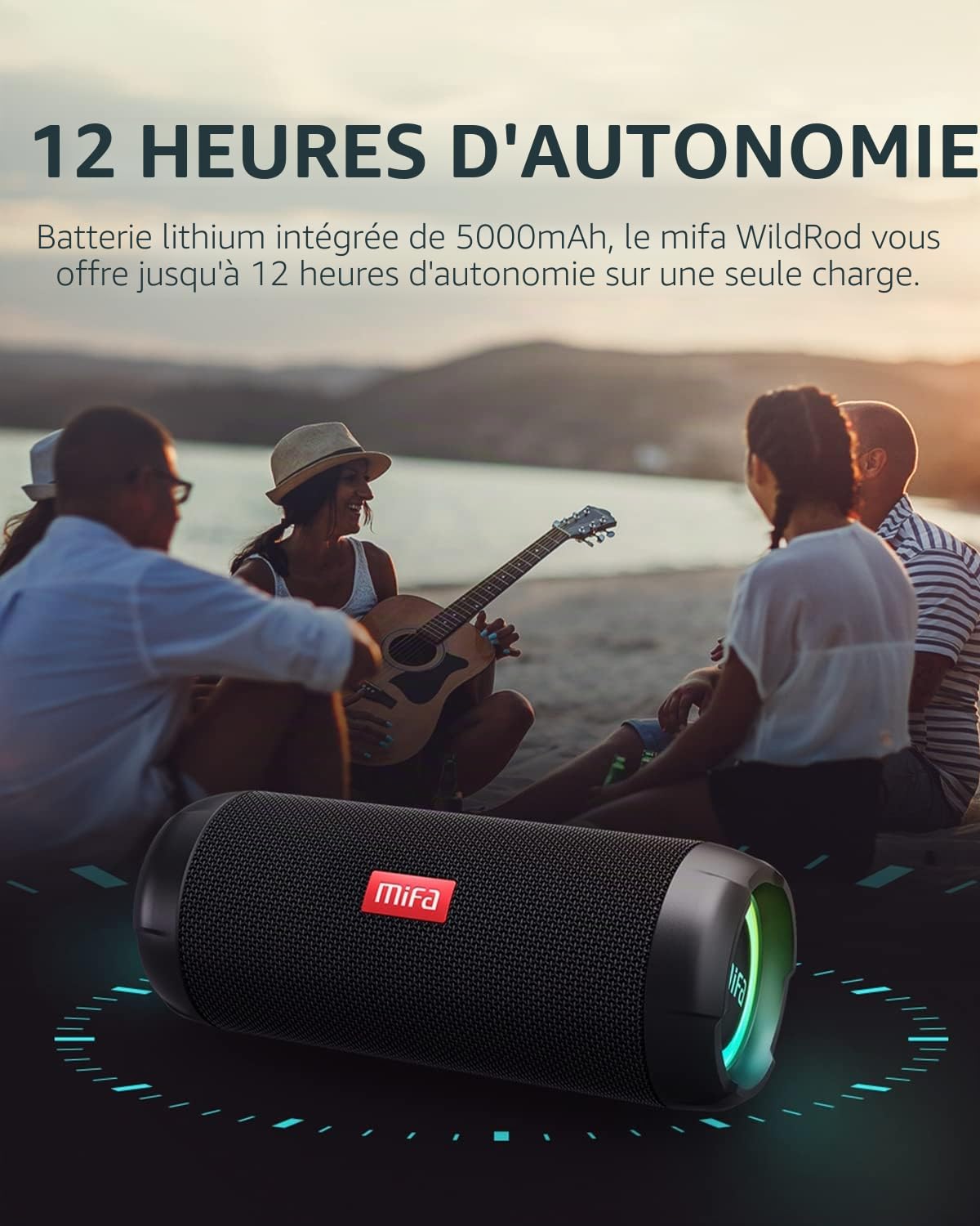MIFA Haut-Parleur Bluetooth Portable WildRod avec lumière LED, 30 W et Basses Profondes, étanche IP67, 12 Heures Lecture, PartyAdd pour couplage Multi-Haut-parleurs, sans Fil pour Le Camping